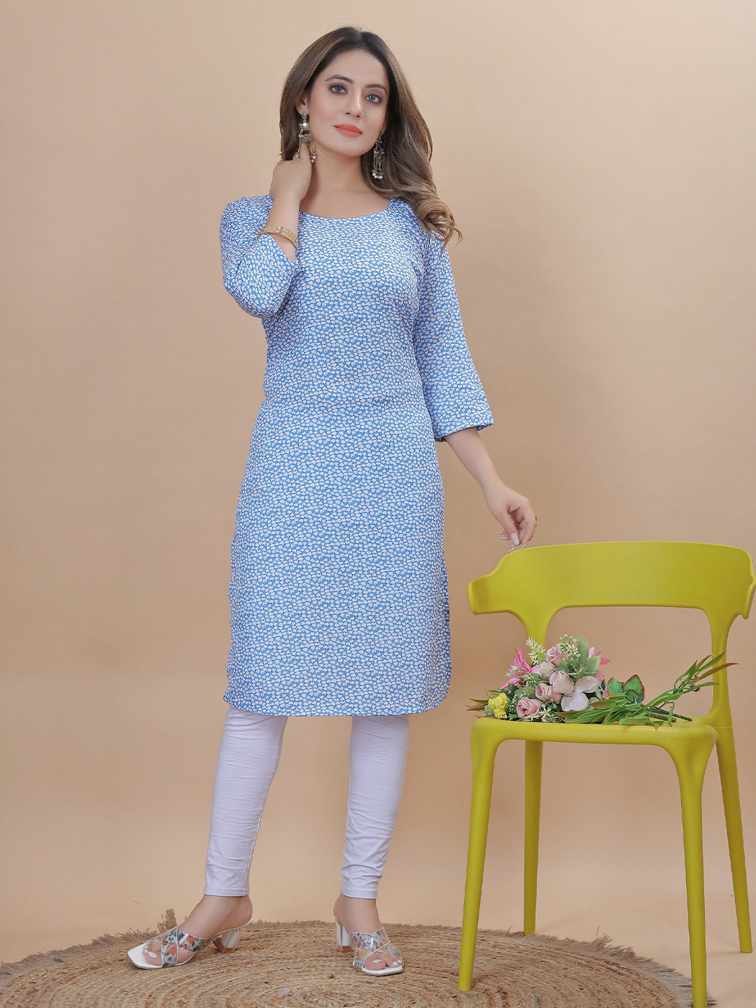 

KALINI Floral Printed Straight Kurta, Blue