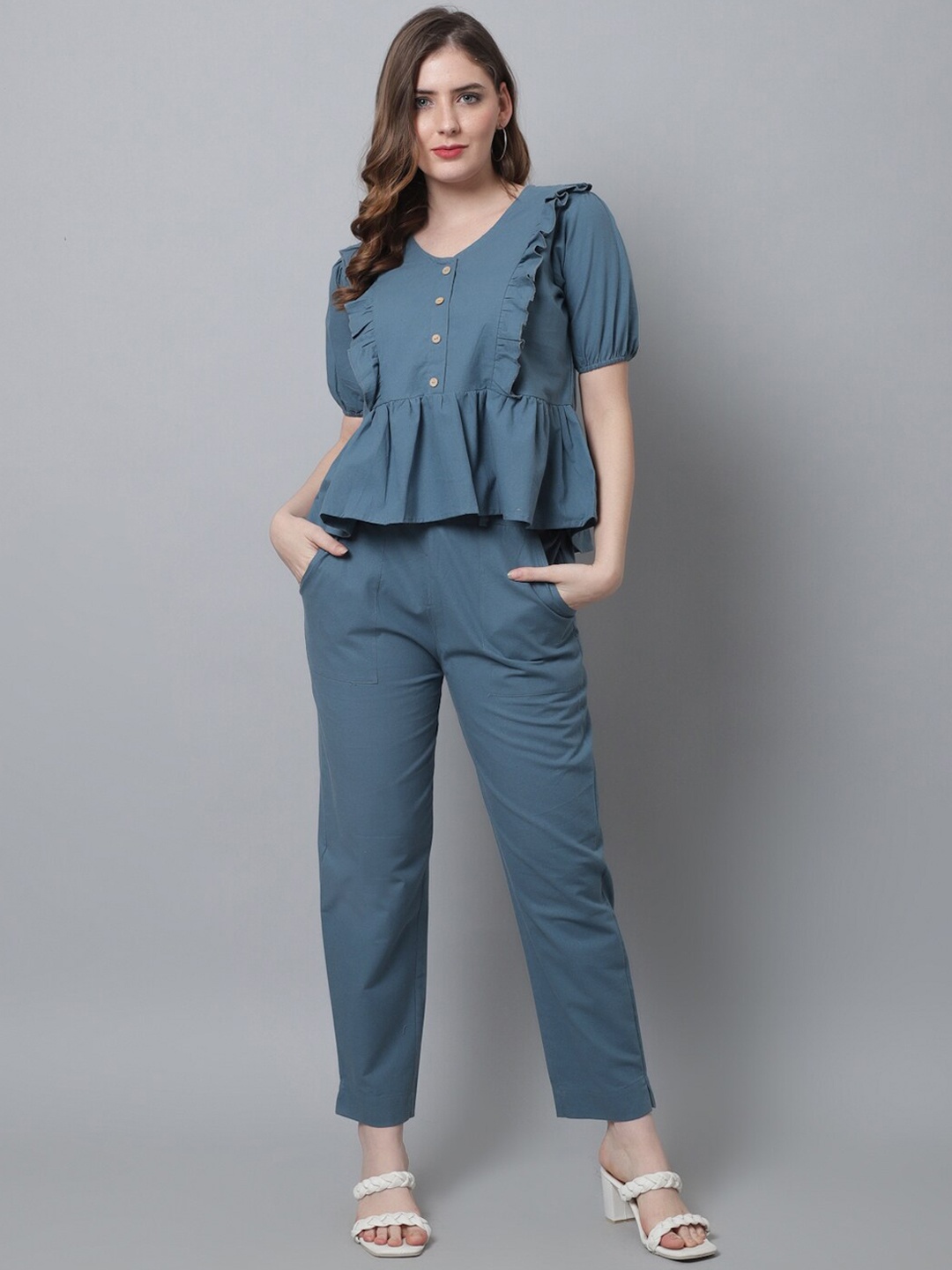 

TRYMISFIT Women Pure Cotton Top With Trousers Co-Ords, Blue