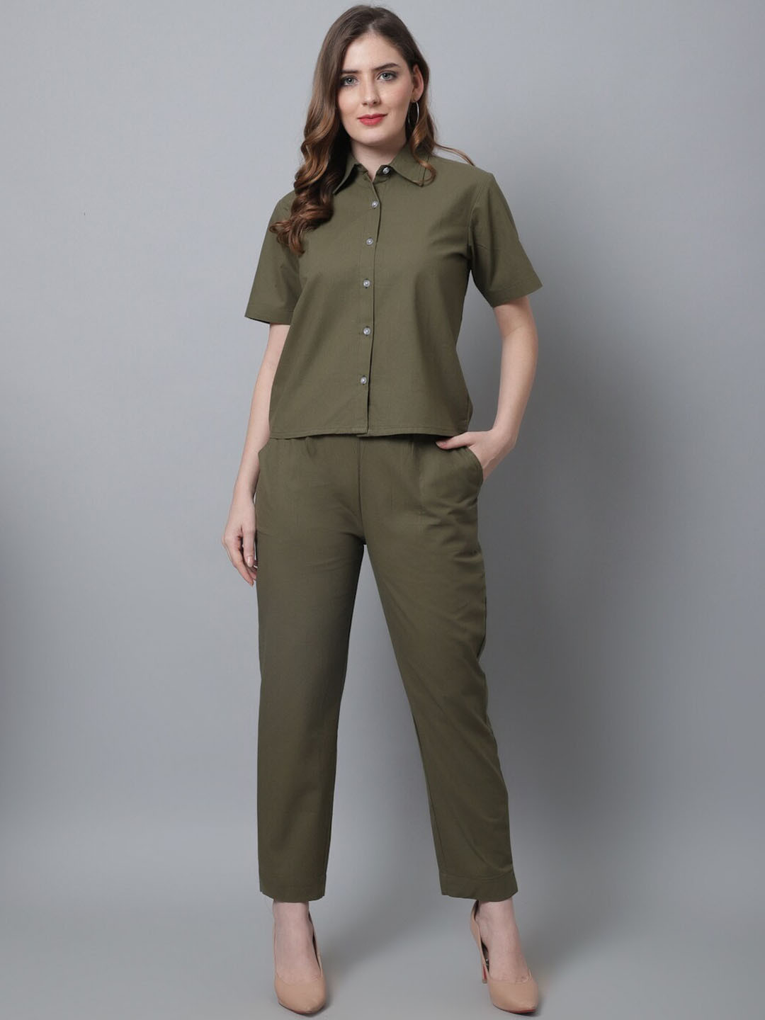 

TRYMISFIT Women Pure Cotton Shirt & Relaxed Fit Trousers Co-Ords, Olive