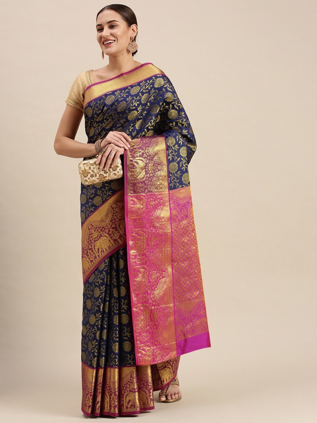 

Anaita Floral Woven Design Zari Pure Silk Banarasi Saree, Blue