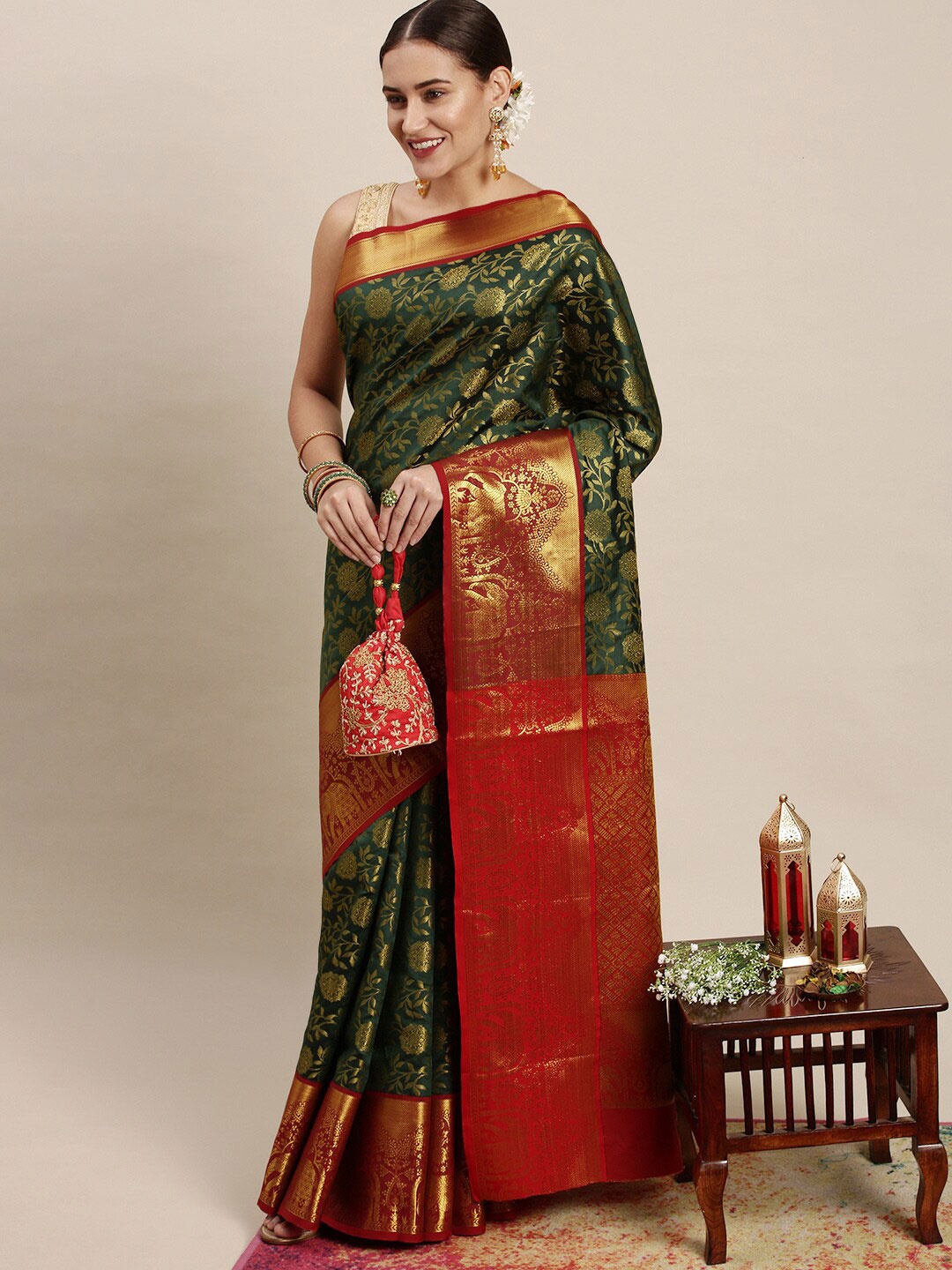 

Anaita Floral Woven Design Zari Pure Silk Banarasi Saree, Green