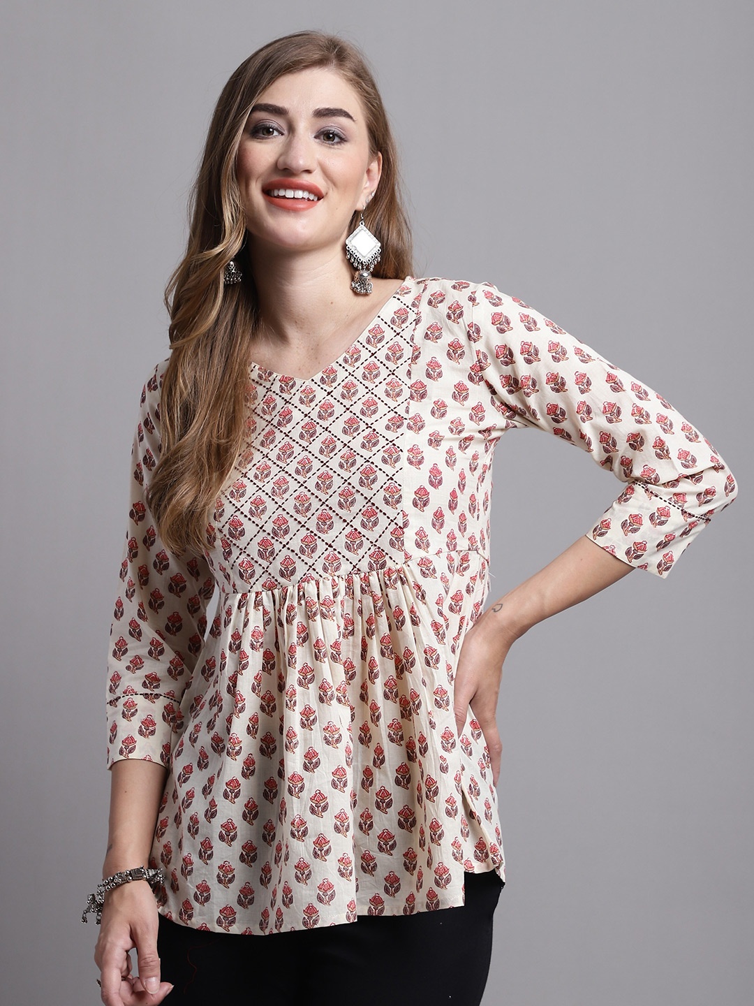 

Rajnandini Floral Printed Embroidered A-Line Cotton A-Line Top, Off white