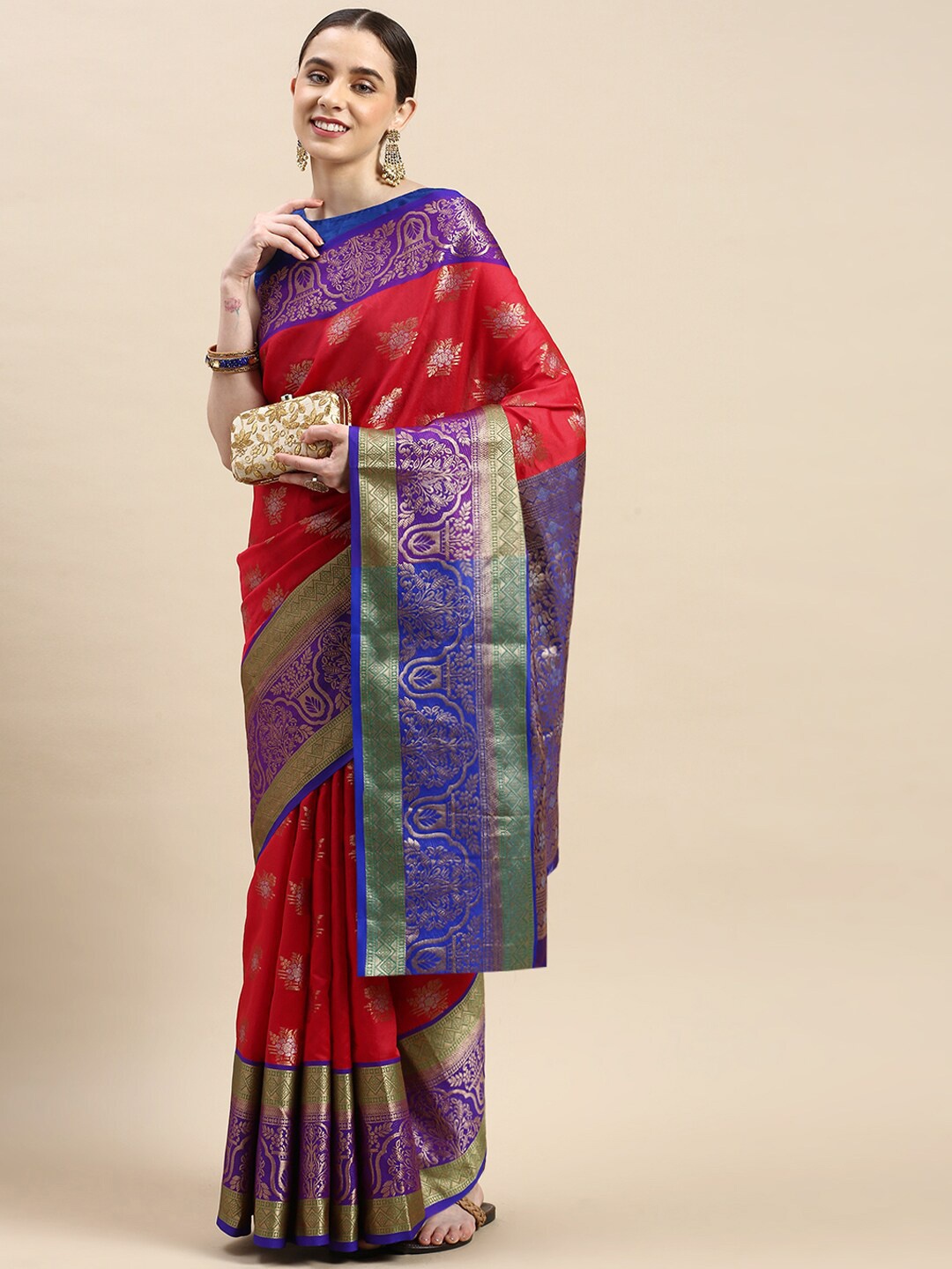 

Anaita Ethnic Motifs Woven Design Zari Pure Silk Banarasi Saree, Red
