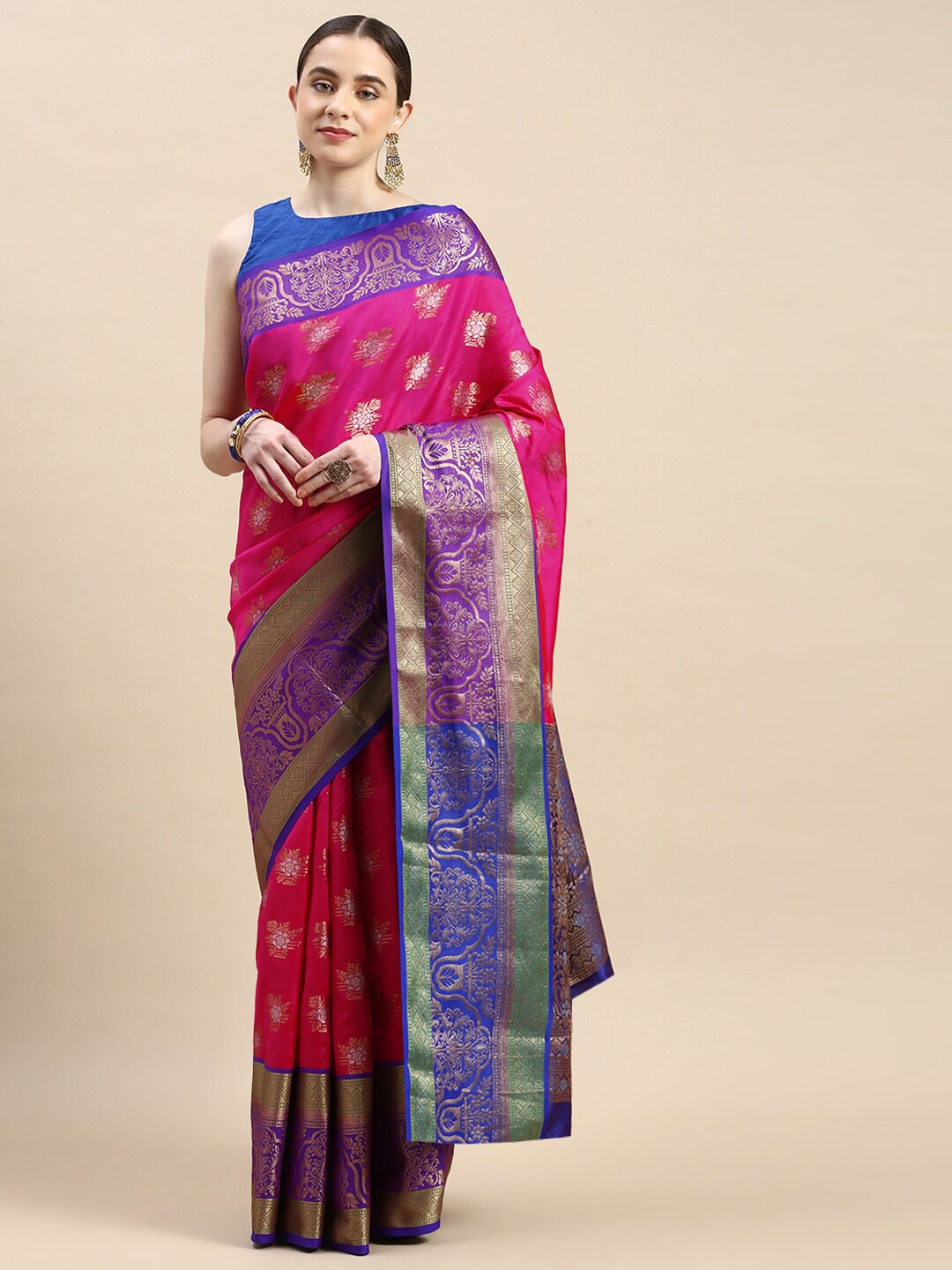 

Anaita Ethnic Motifs Woven Design Zari Pure Silk Banarasi Saree, Pink