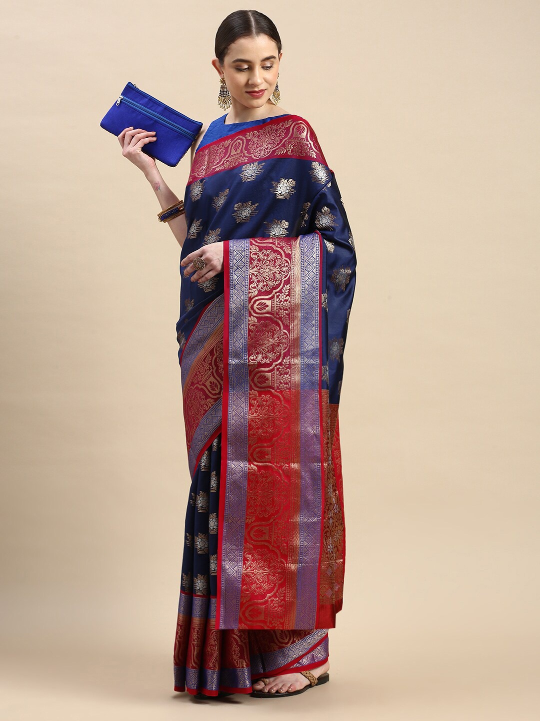 

Anaita Ethnic Motifs Woven Design Zari Pure Silk Banarasi Saree, Blue