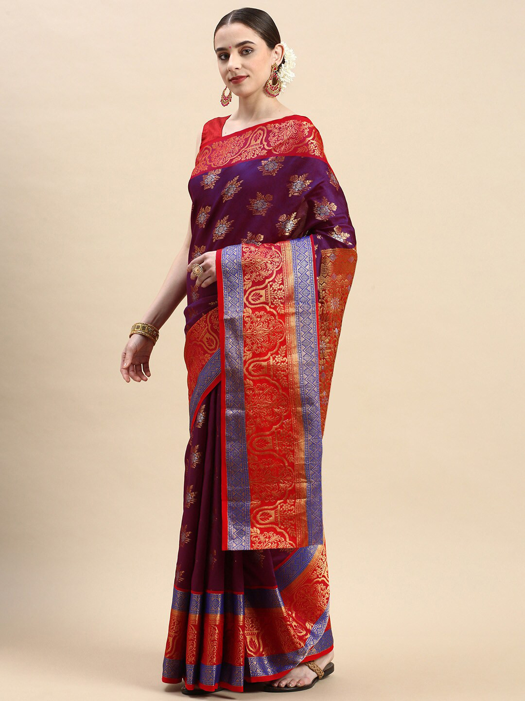 

Anaita Ethnic Motifs Woven Design Zari Pure Silk Banarasi Saree, Violet