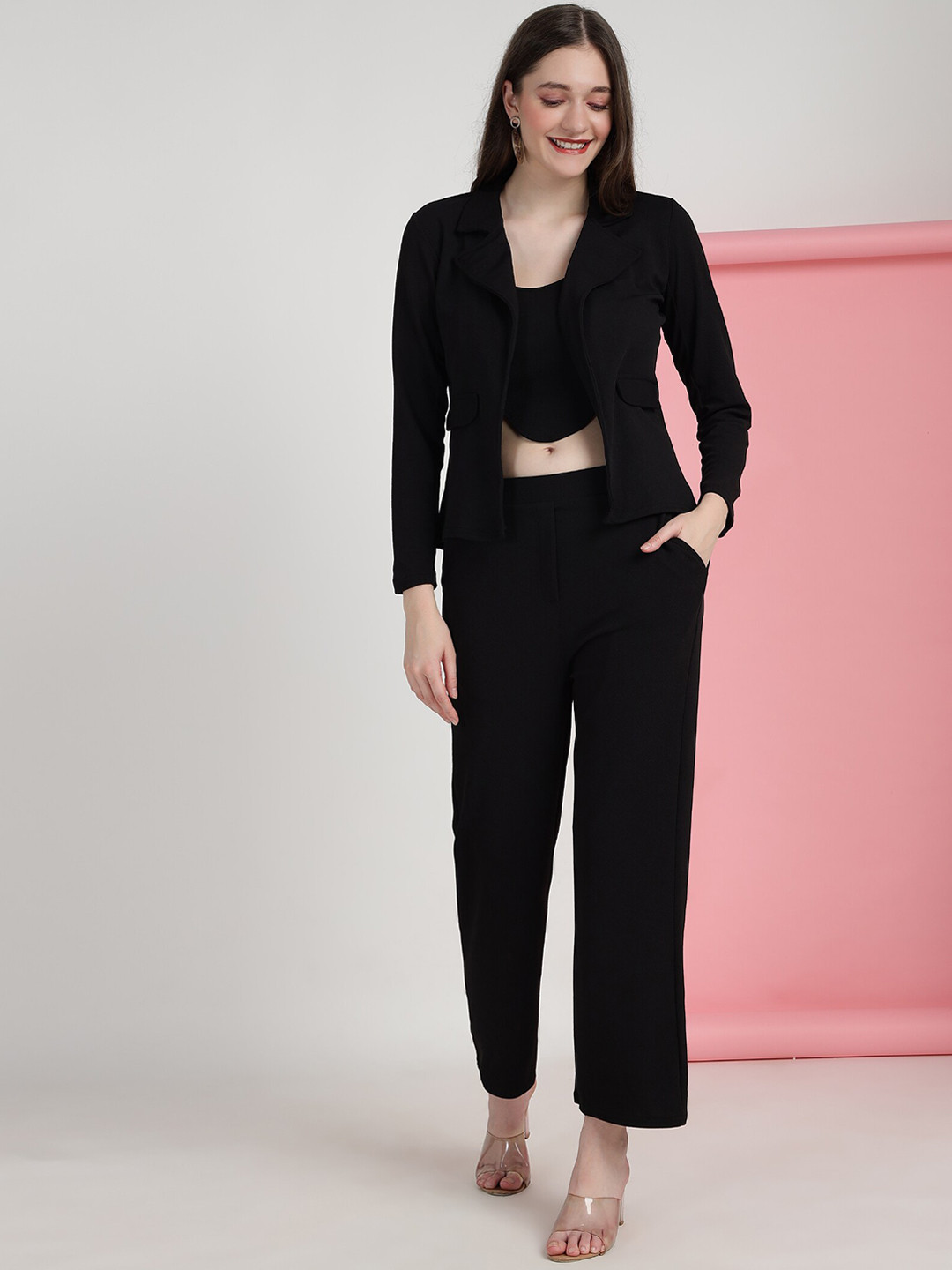 

WESTHOOD Shoulder Strap Top With Trouser & Blazer Co-Ords Set, Black