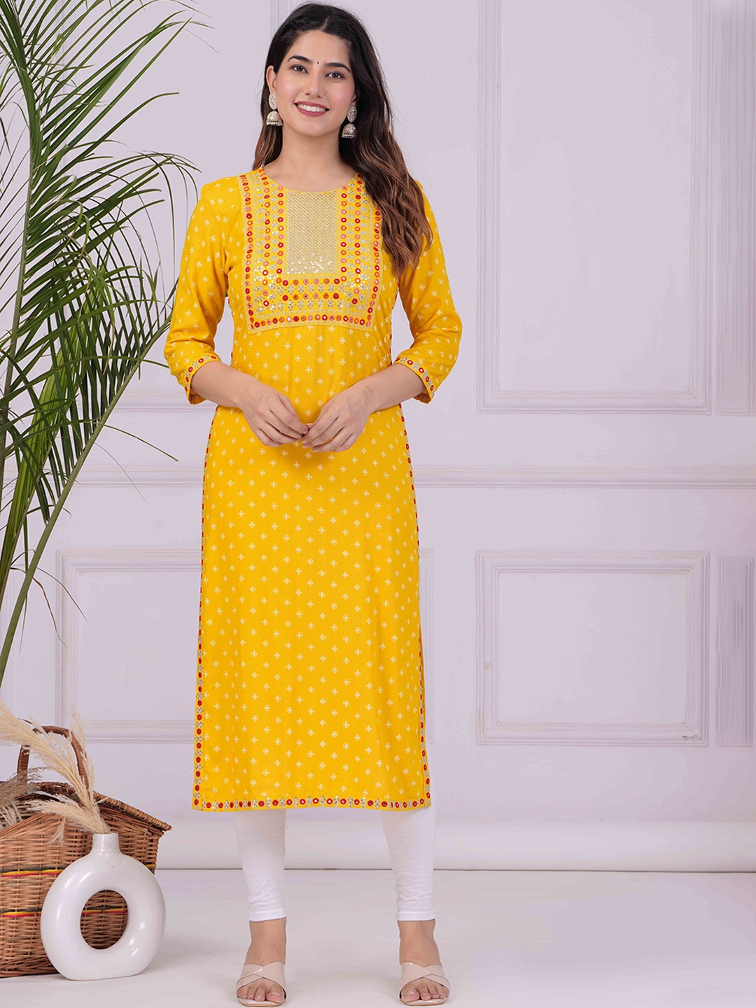 

FASHION DEPTH Floral Printed Mirror Work Straight Kurta, Yellow