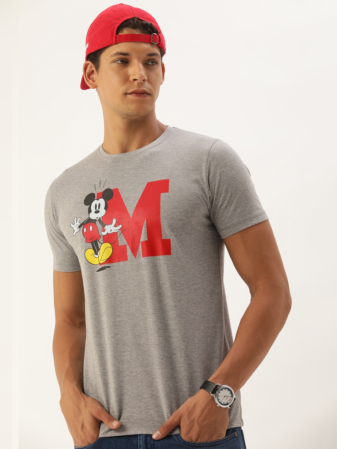 

Kook N Keech Disney Men Mickey Mouse Printed Pure Cotton T-shirt, Grey