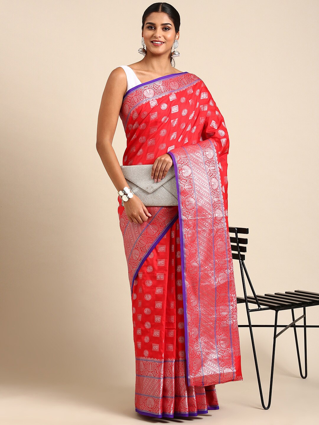 

Anaita Ethnic Motifs Woven Design Zari Pure Silk Banarasi Saree, Red