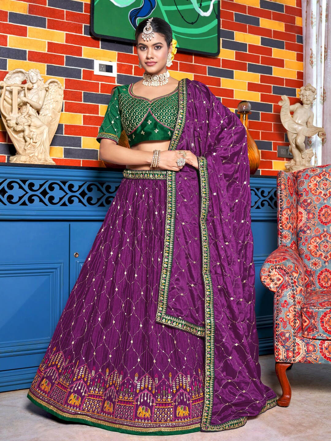 

Kvsfab Magenta & Green Embroidered Sequinned Semi-Stitched Lehenga & Blouse With Dupatta