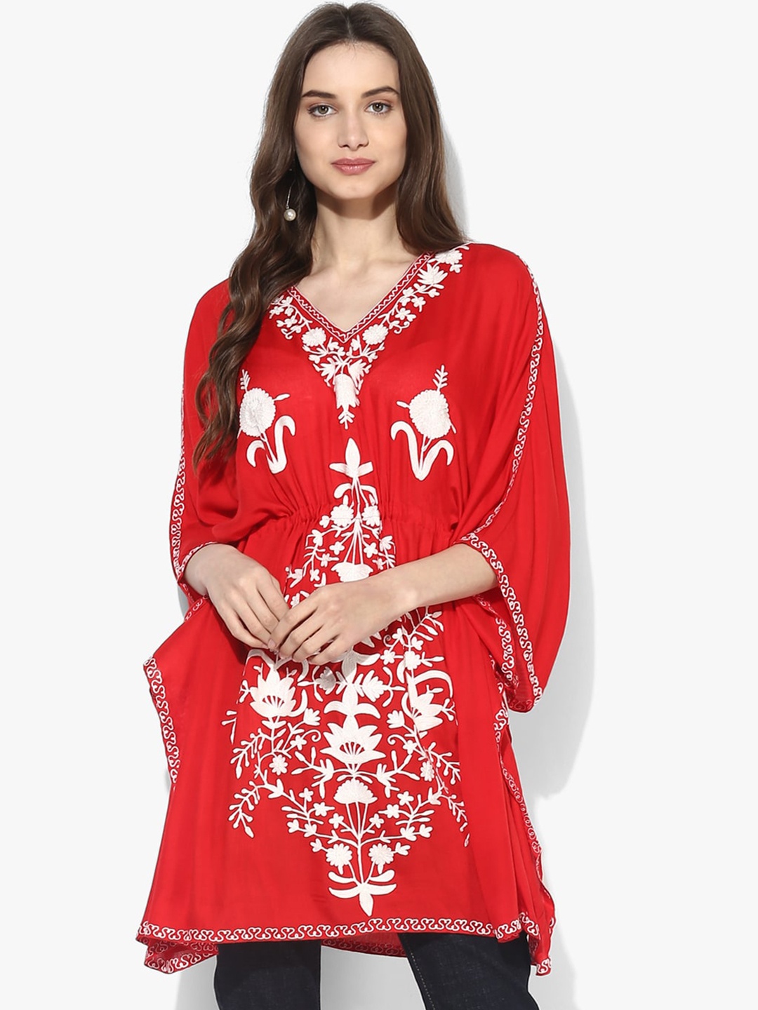 CRAFTBAZAR Ethnic Motifs Embroidered Kaftan Kurta, Red