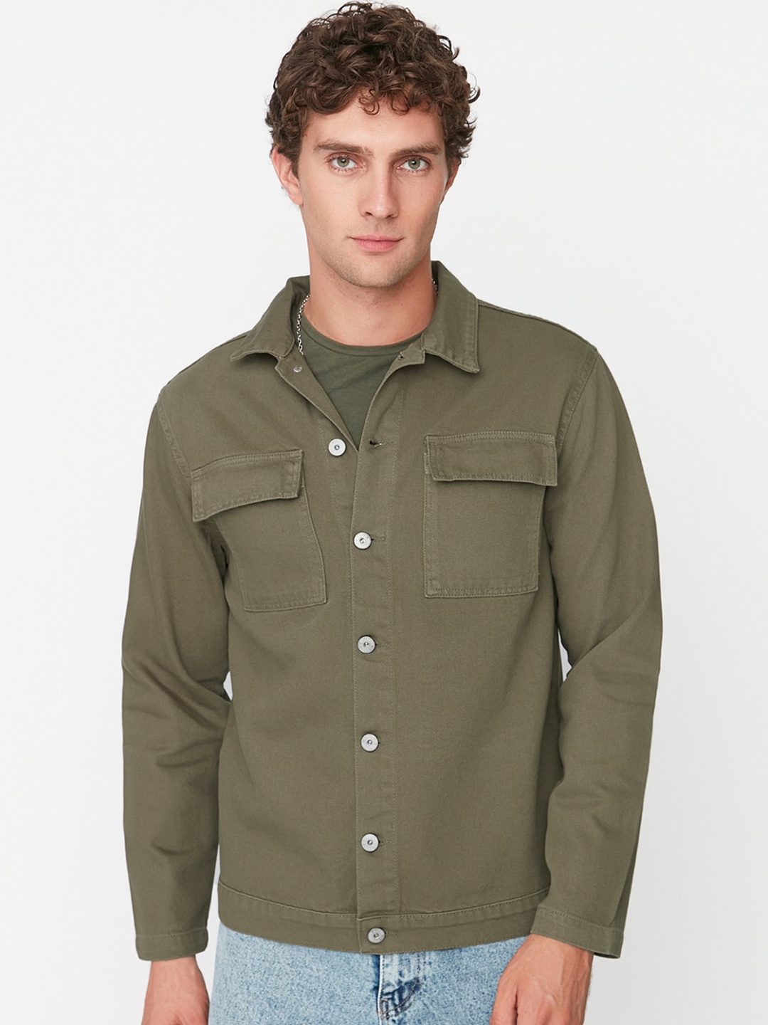 

Trendyol Flap Pocket Detail Shirt Collar Pure Cotton Denim Jacket, Green