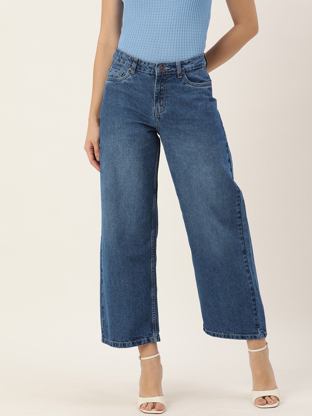 

AND Women Pure Cotton Wide Leg Light Fade Mid-Rise Jeans, Blue
