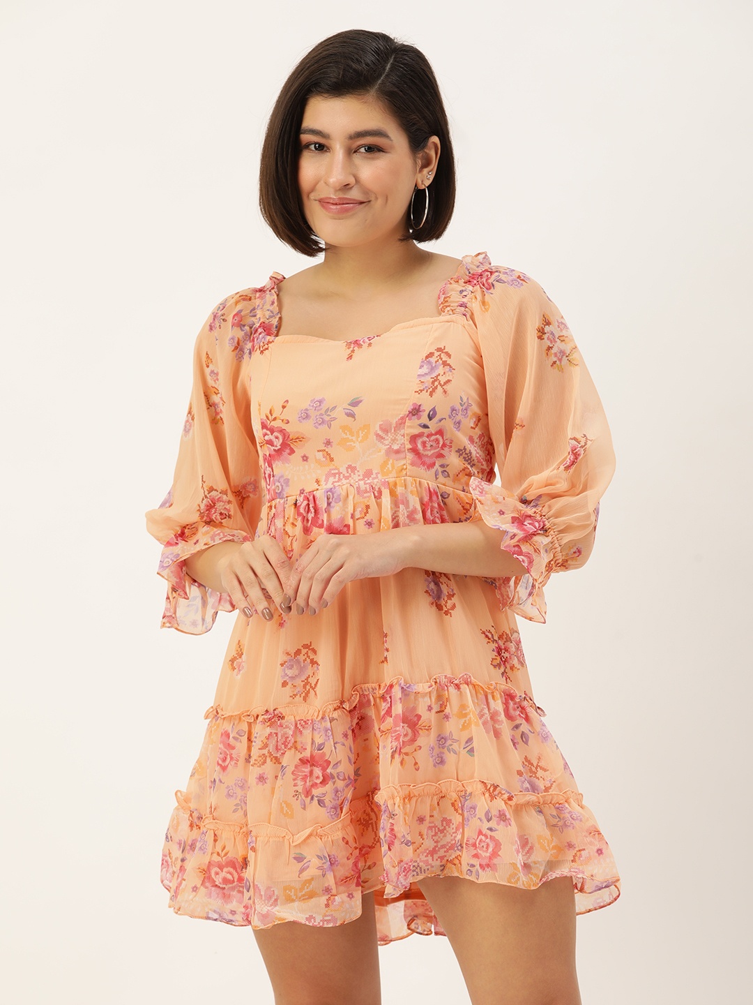 

AND Floral Print Puff Sleeve A-Line Mini Dress, Peach