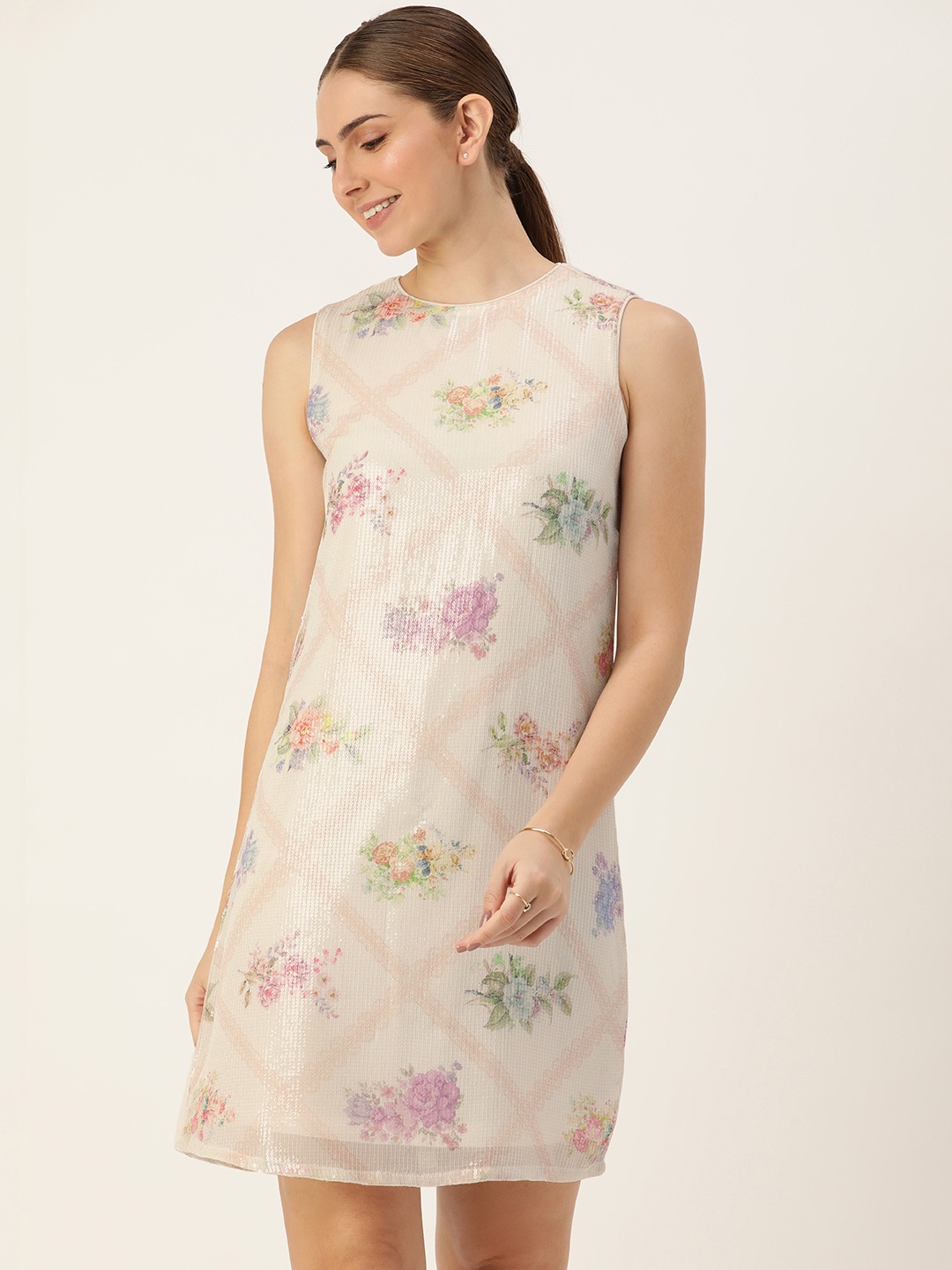

AND Sequined Embellished Floral Sheath Dress, Cream