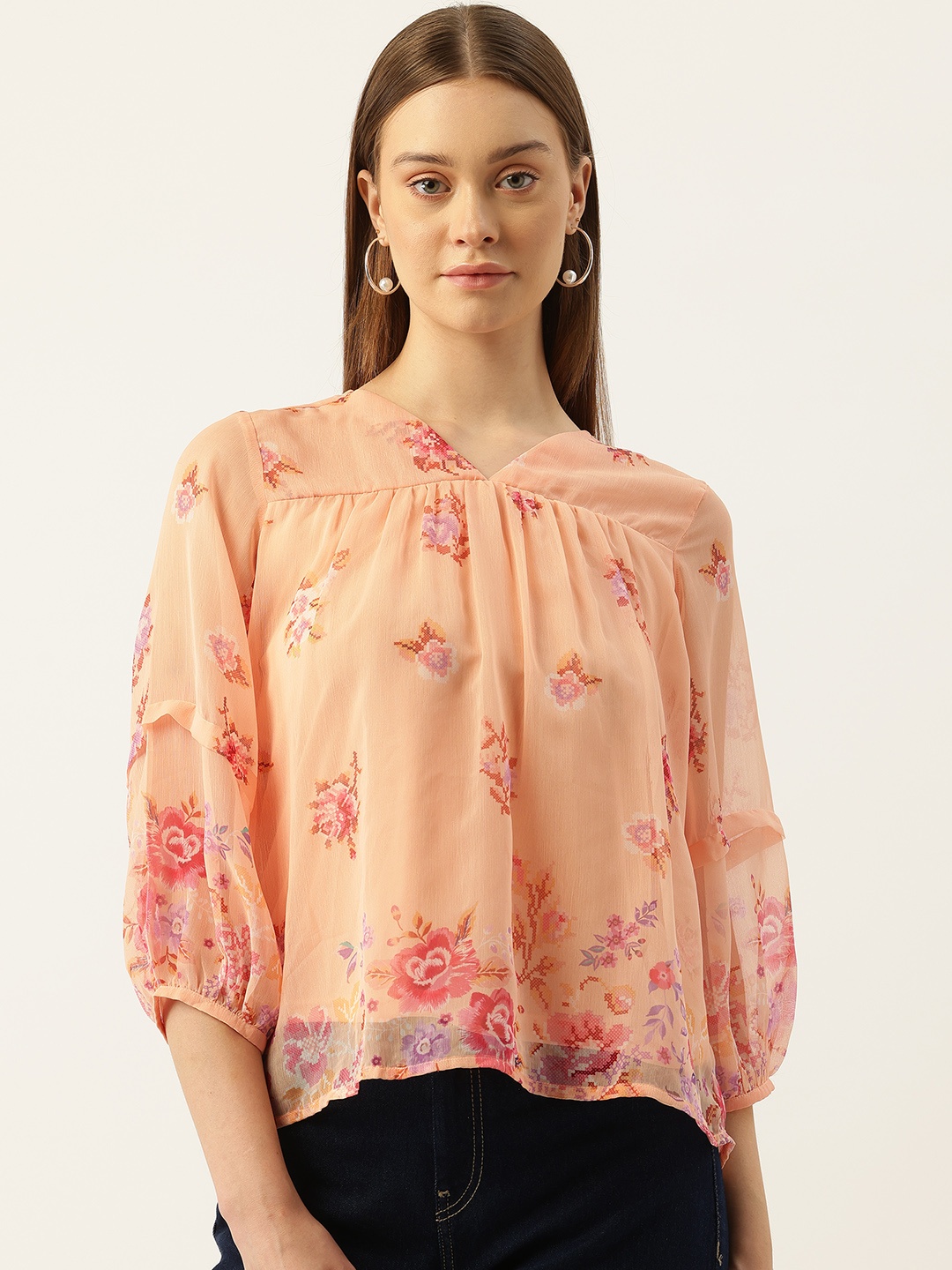 

AND Floral Print Puff Sleeve Top, Orange