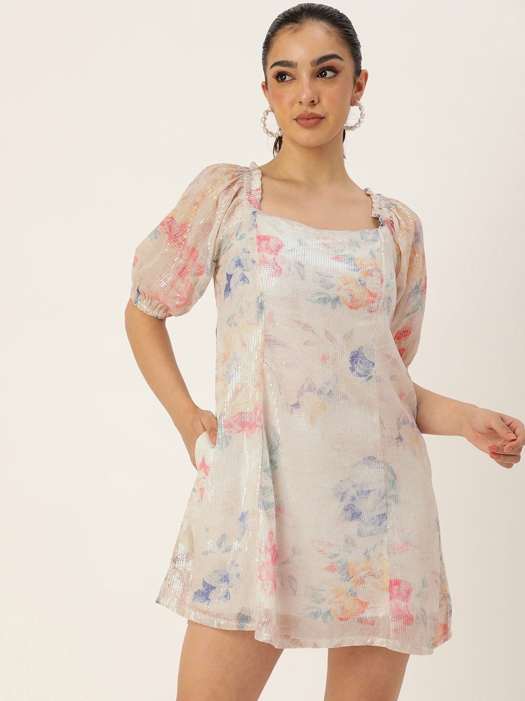 

AND Sequined Embellished Floral Puff Sleeves A-Line Dress, Off white