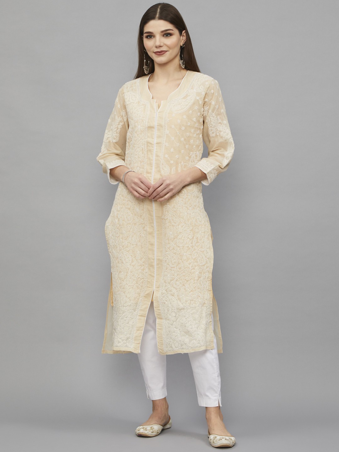 

Ethnava Paisley Embroidered Cotton Straight Kurta, Beige