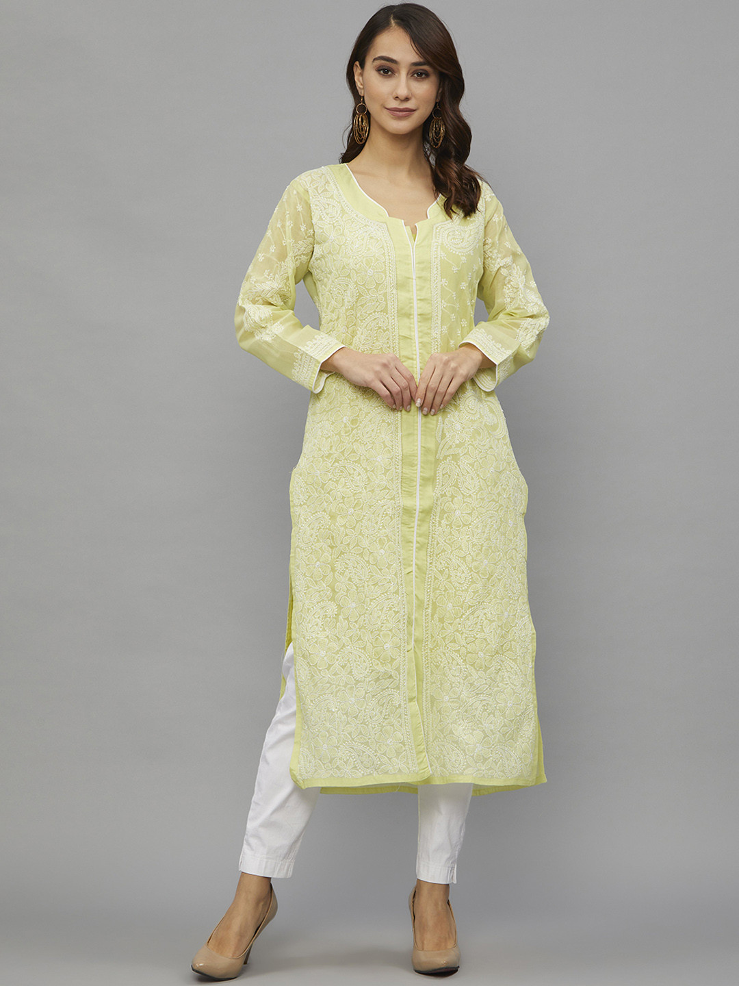 

Ethnava Ethnic Motifs Embroidered Pure Cotton Chikankari Kurta, Yellow