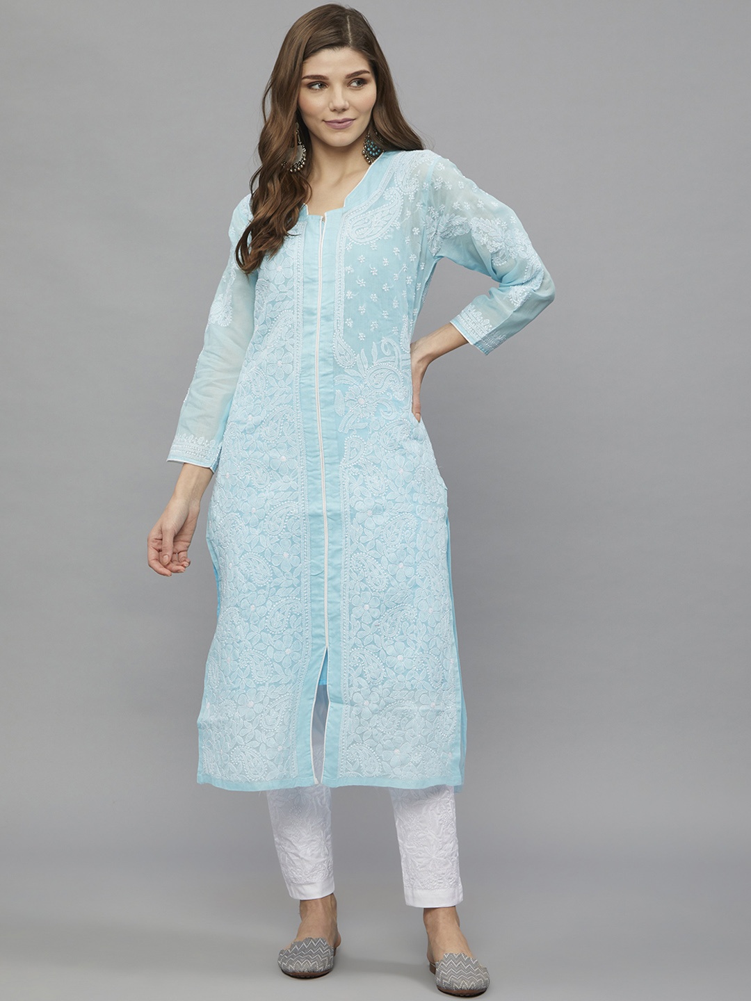 

Ethnava Ethnic Motifs Embroidered Pure Cotton Chikankari Kurta, Blue