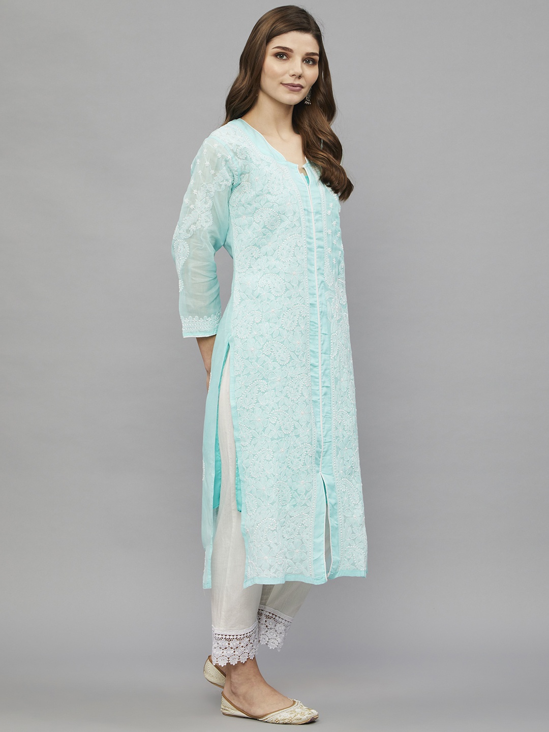

Ethnava Ethnic Motifs Embroidered Pure Cotton Chikankari Kurta, Sea green