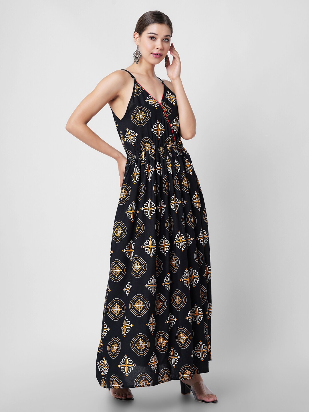 

DK FAB Ethnic Motifs Printed Shoulder Strap Maxi Dress, Black