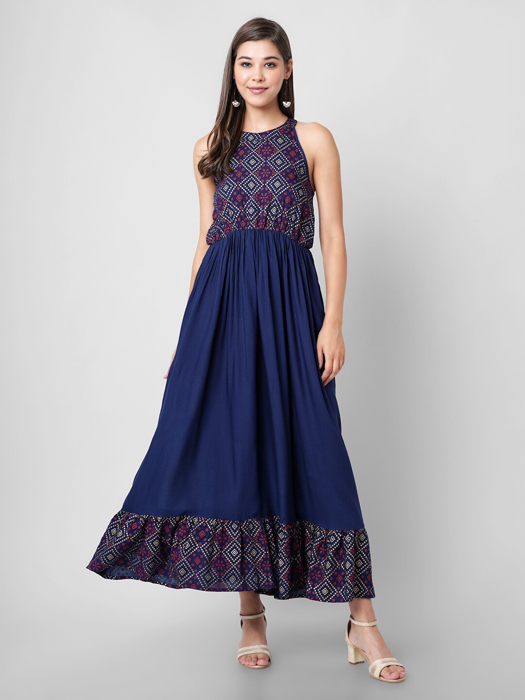

DK FAB Ethnic Motifs Printed Round Neck Fit & Flare Maxi Dress, Blue