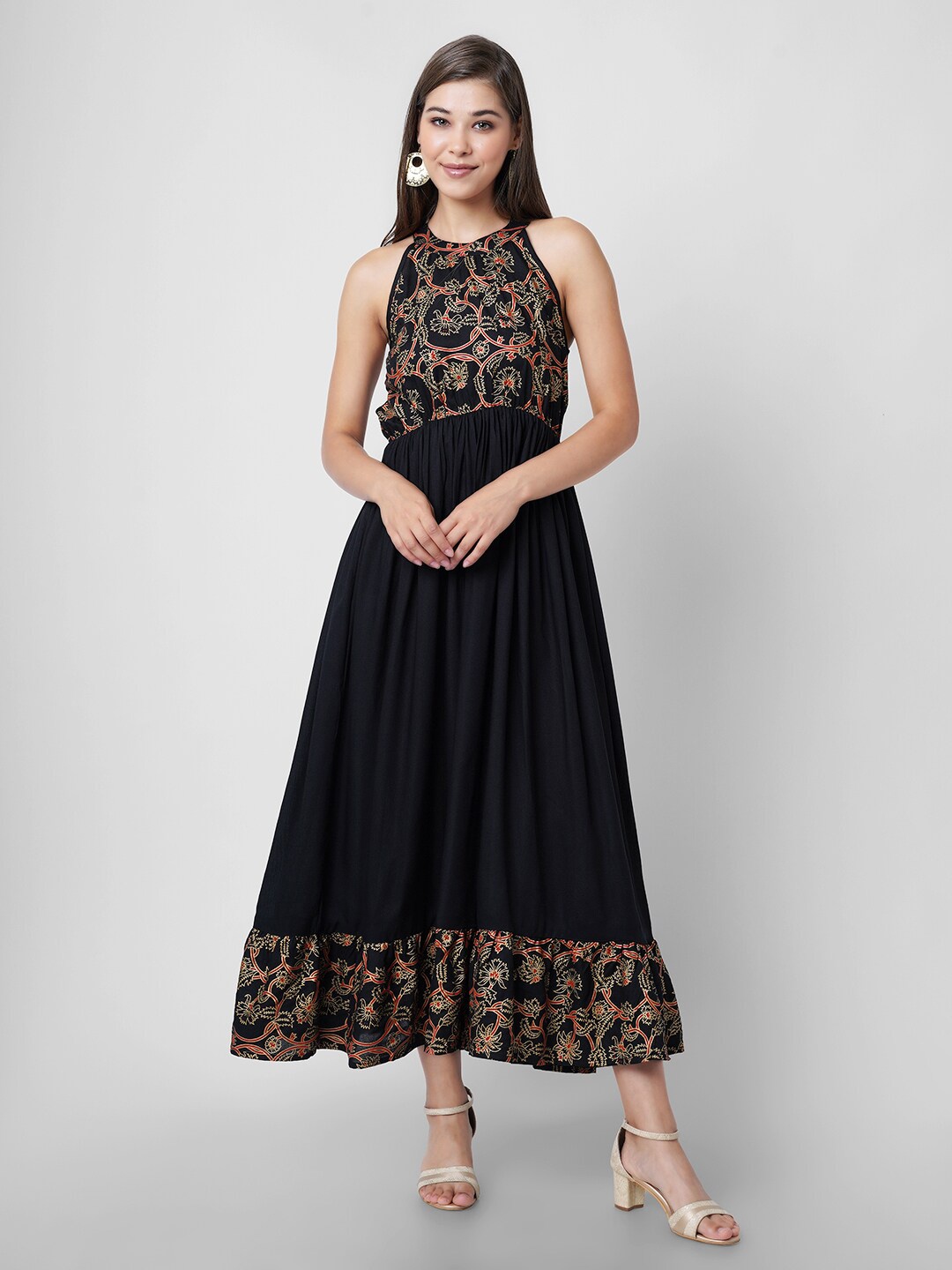 

DK FAB Black Floral Printed Round Neck Fit & Flare Ethnic Dress