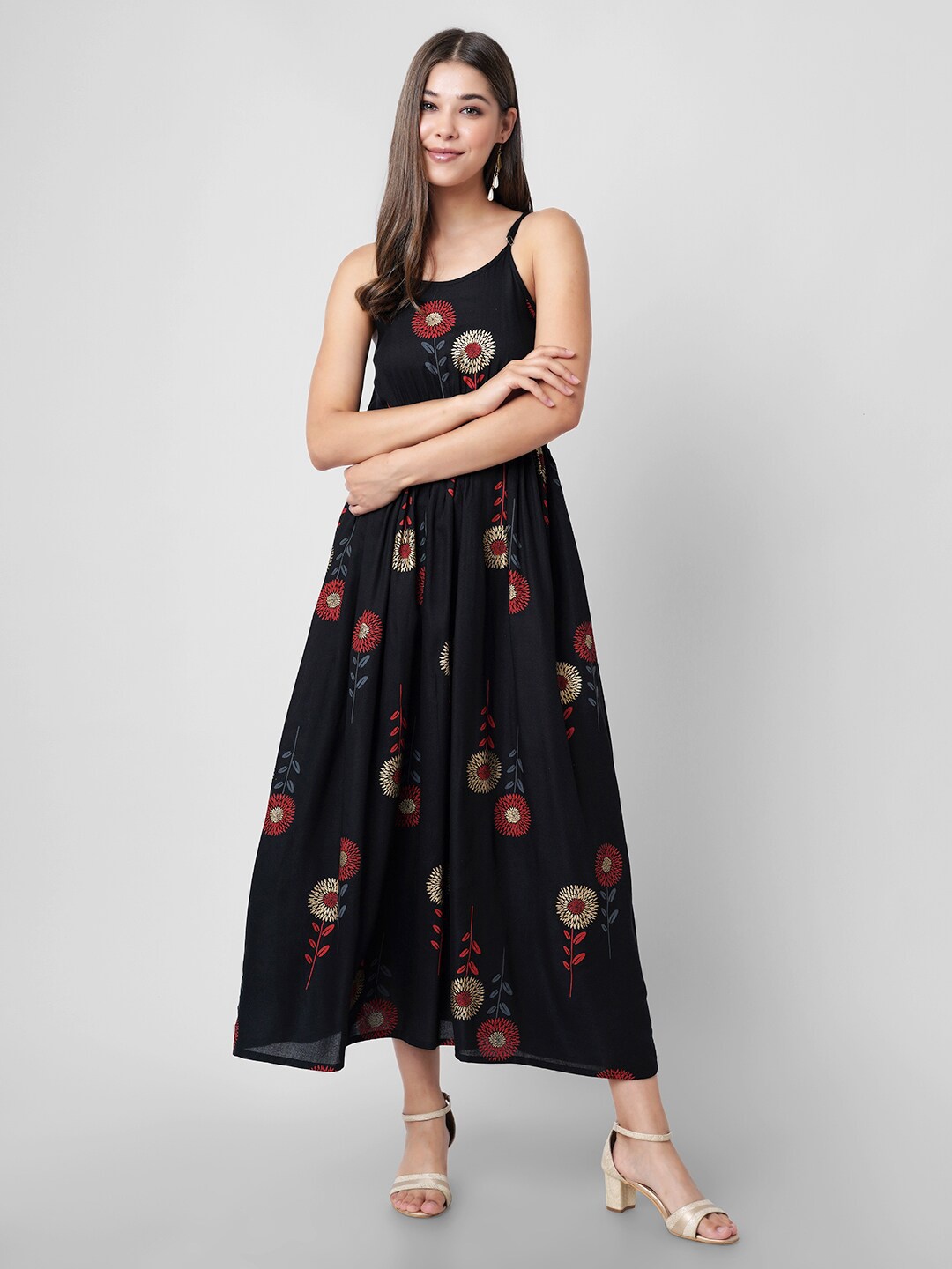 

DK FAB Floral Printed Shoulder Strap Fit and Flare Dress, Black