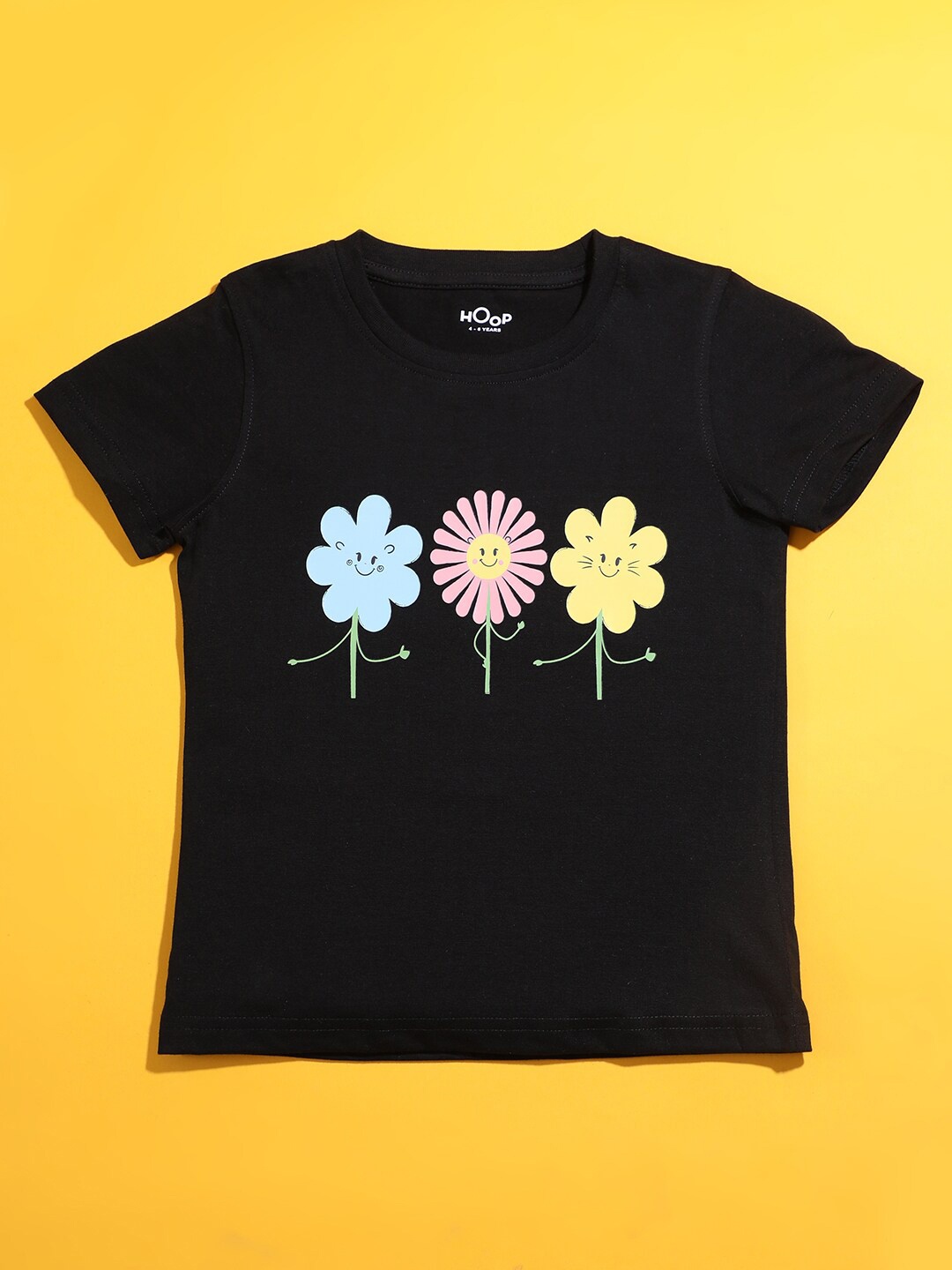 

Hoop Girls Floral Printed Round Neck Cotton T-shirt, Black