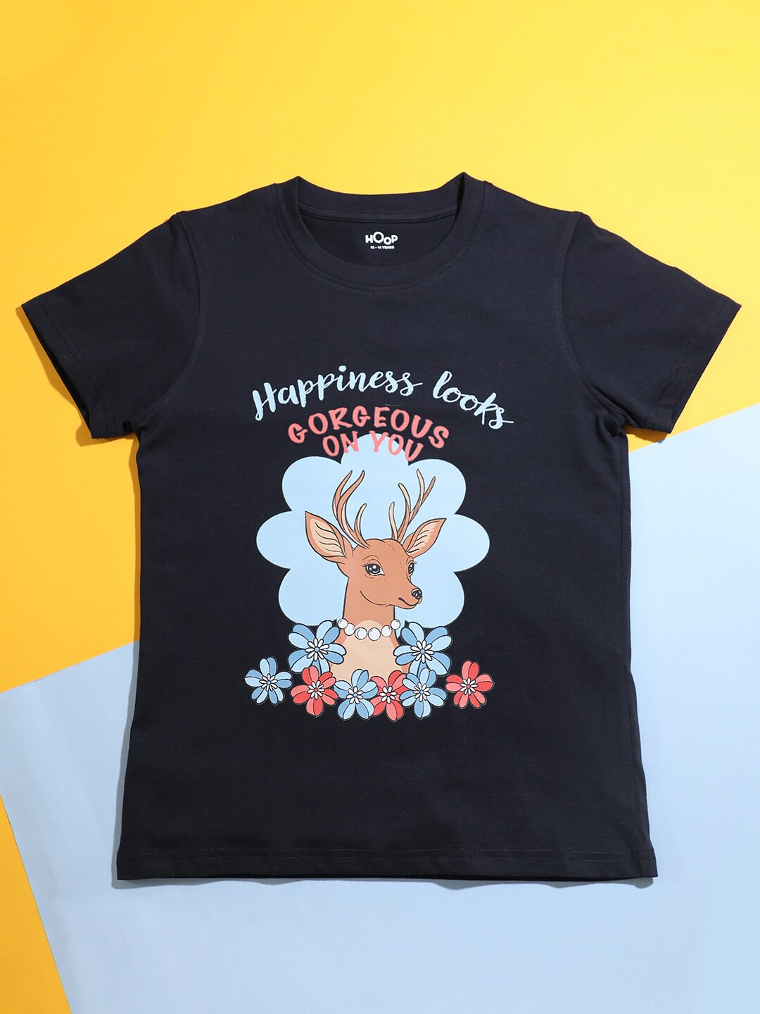 

Hoop Girls Graphic Printed Regular Fit Cotton T-shirt, Navy blue