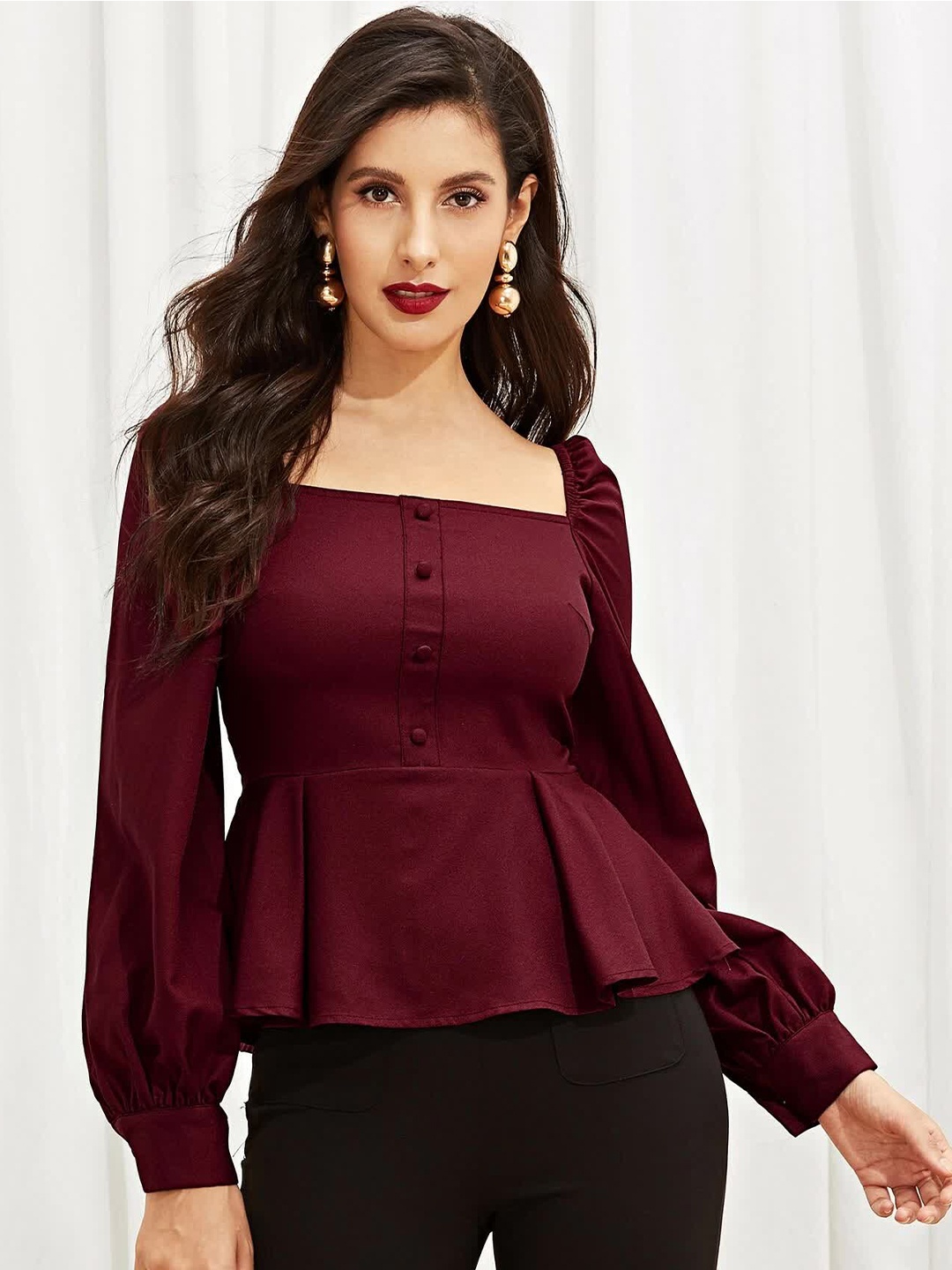 

ELYRAA Square Neck Cuffed Sleeve Gathered Peplum Top, Maroon
