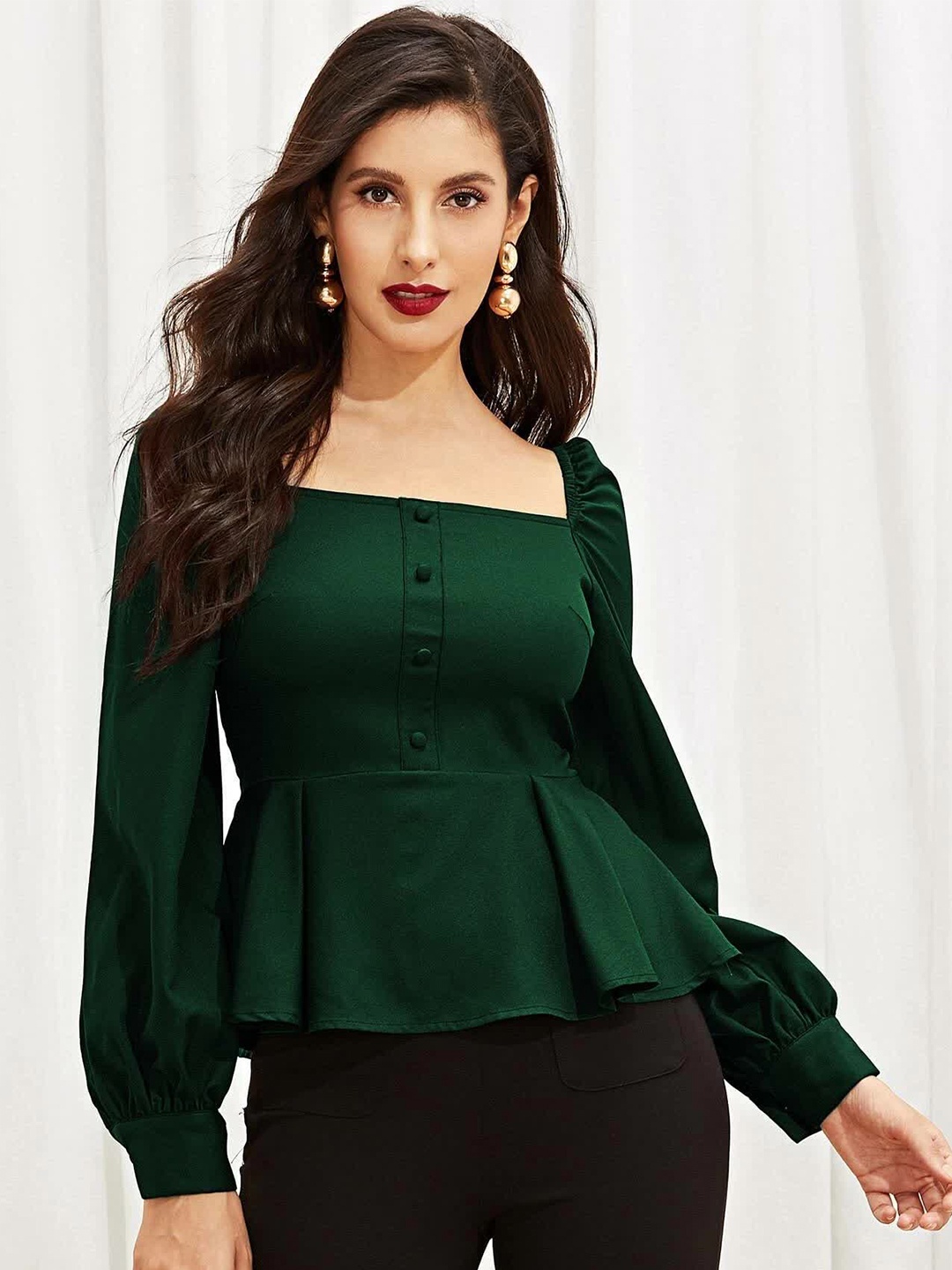 

ELYRAA Square Neck Cuffed Sleeve Gathered Peplum Top, Green