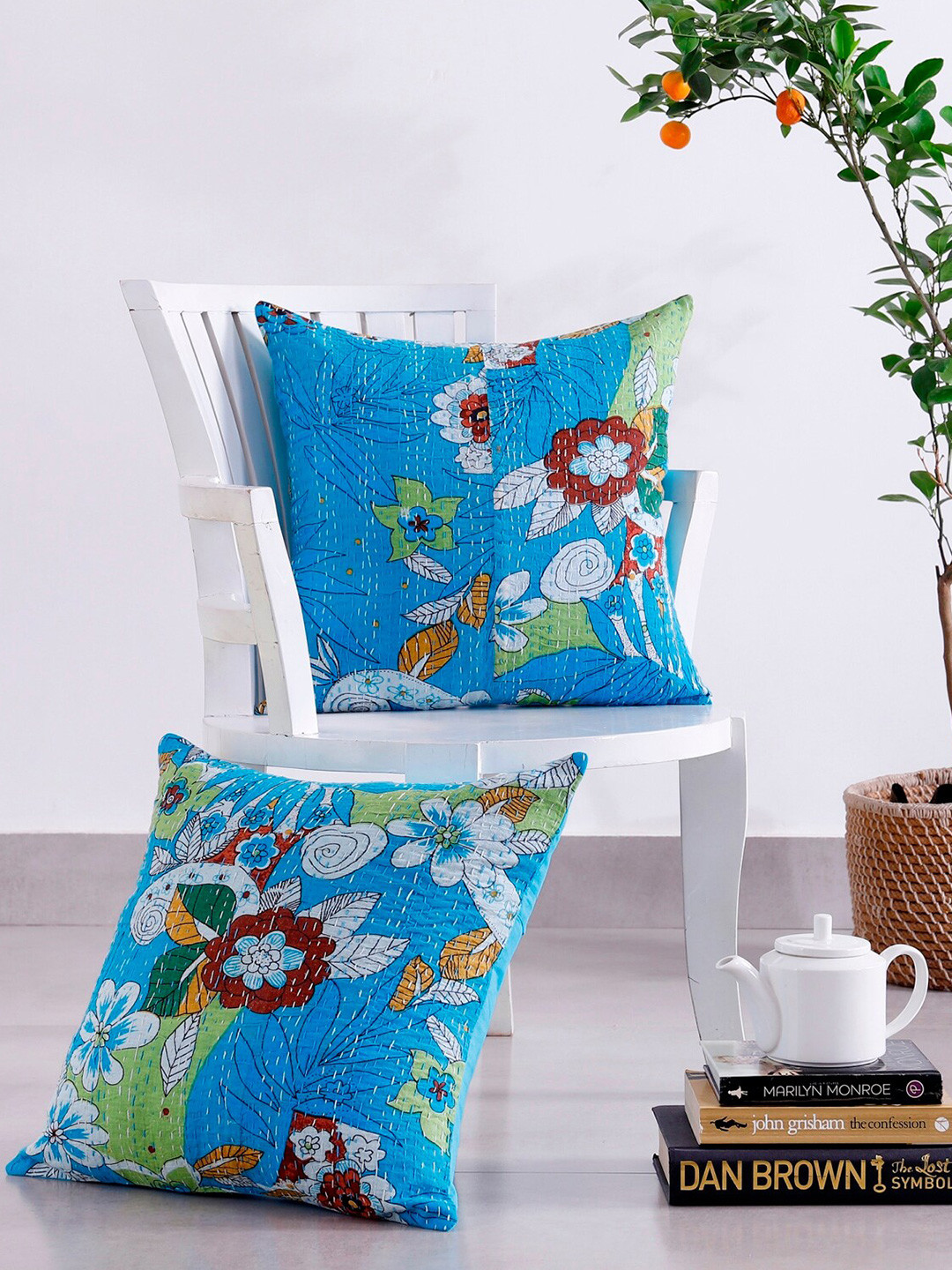 

HANDICRAFT PALACE Turquoise Blue & Red 2 Pieces Printed Cotton Square Cushion Covers