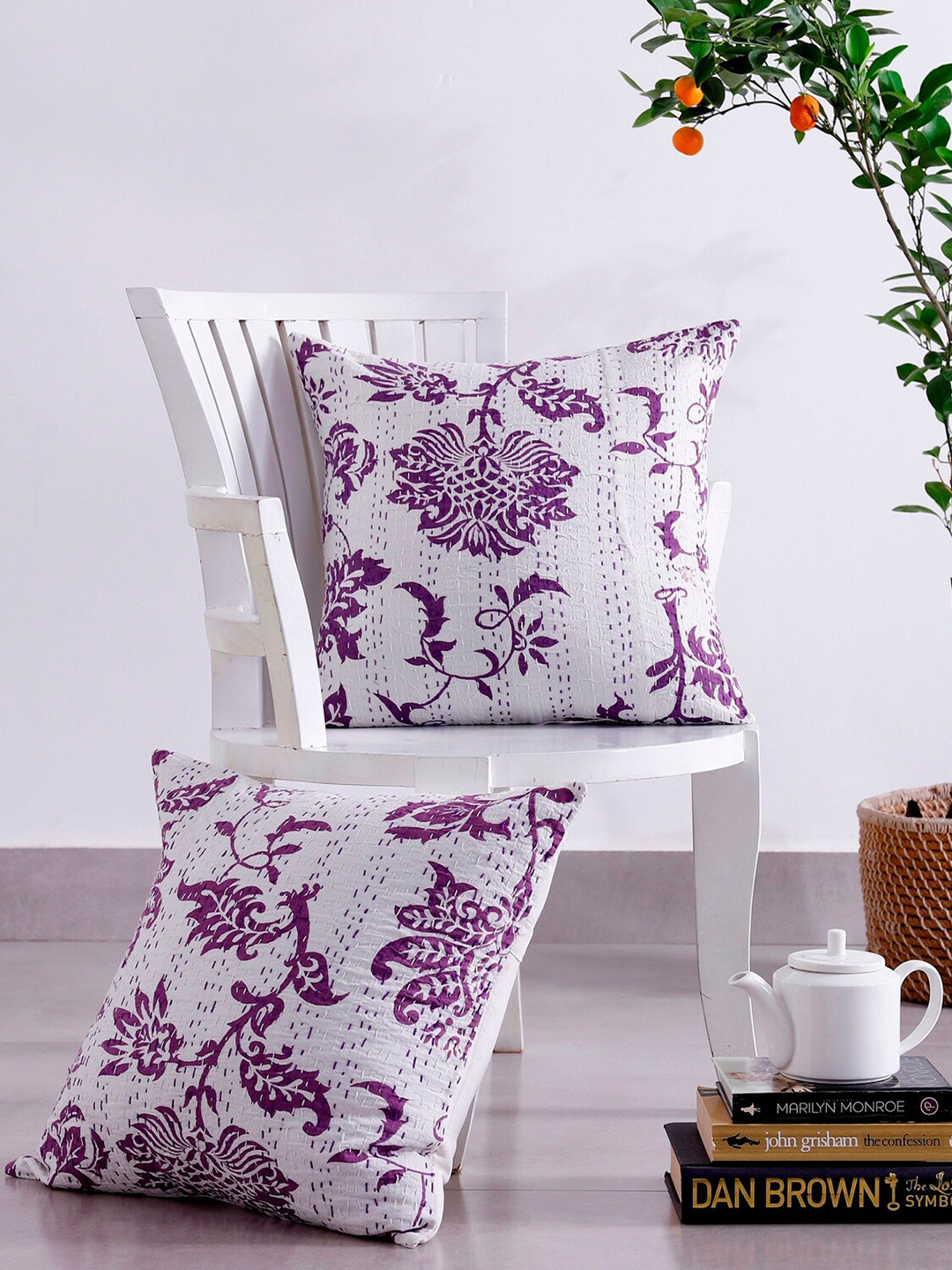

HANDICRAFT PALACE White & Purple 2 Pieces Floral Printed Cotton Square Cushion Covers