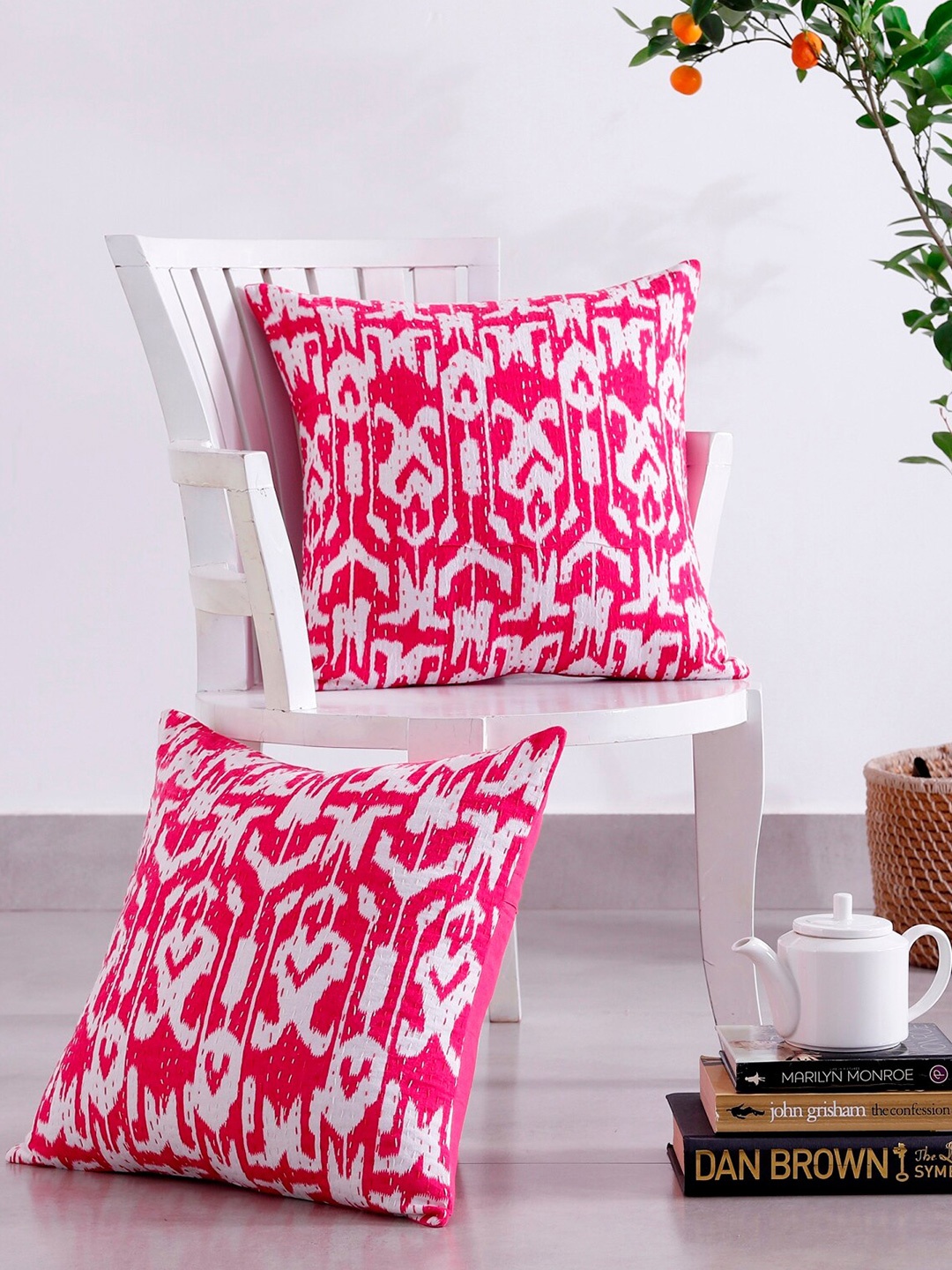 

HANDICRAFT PALACE Pink & White 2 Pieces Ikat Printed Cotton Square Cushion Covers
