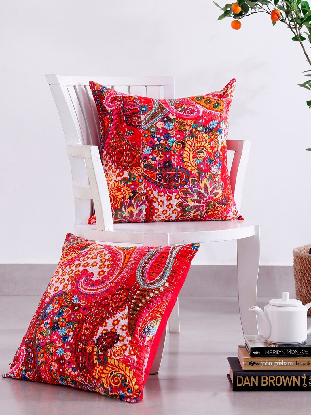 

HANDICRAFT PALACE Pink & Yellow 2 Pieces Printed Cotton Square Cushion Covers