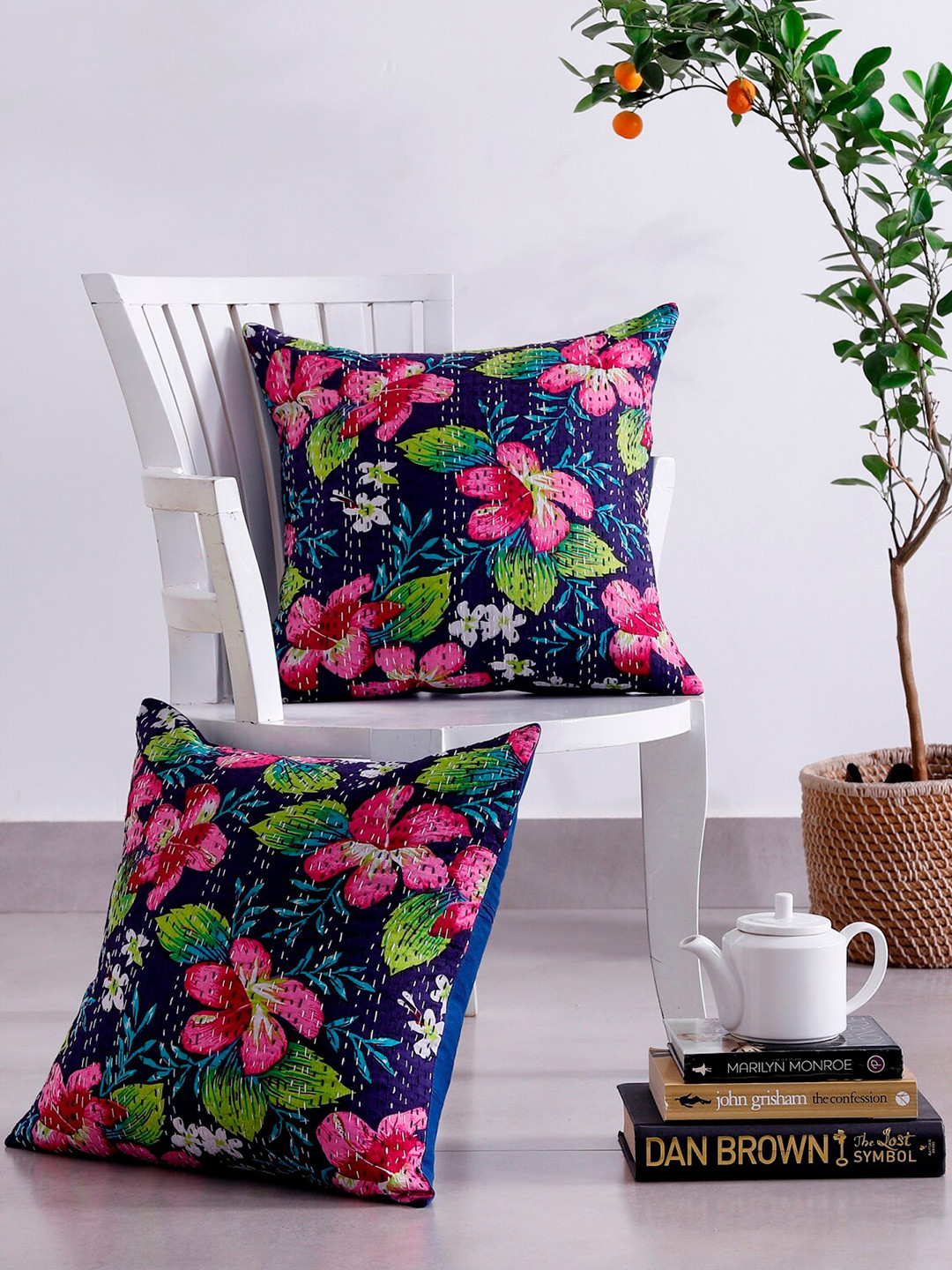 

HANDICRAFT PALACE Blue & Green 2 Pieces Floral Printed Cotton Square Cushion Covers