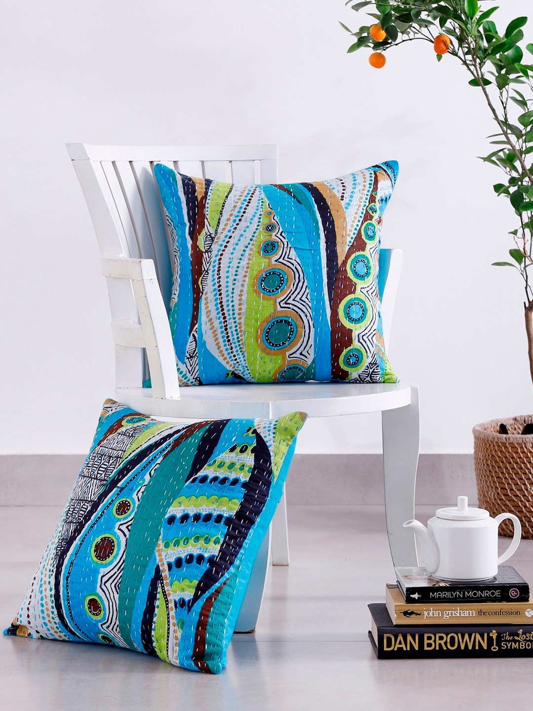 

HANDICRAFT PALACE Turquoise Blue & White 2 Pieces Printed Cotton Square Cushion Covers