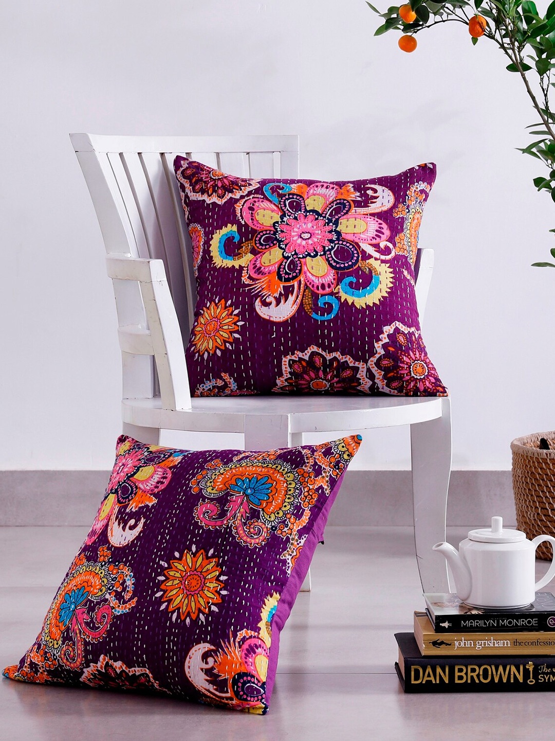 

HANDICRAFT PALACE Purple & Pink 2 Pieces Floral Printed Cotton Square Cushion Covers