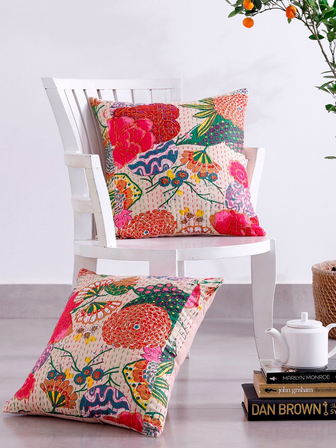 

HANDICRAFT PALACE Beige & Green 2 Pieces Embroidered Square Cotton Cushion Covers