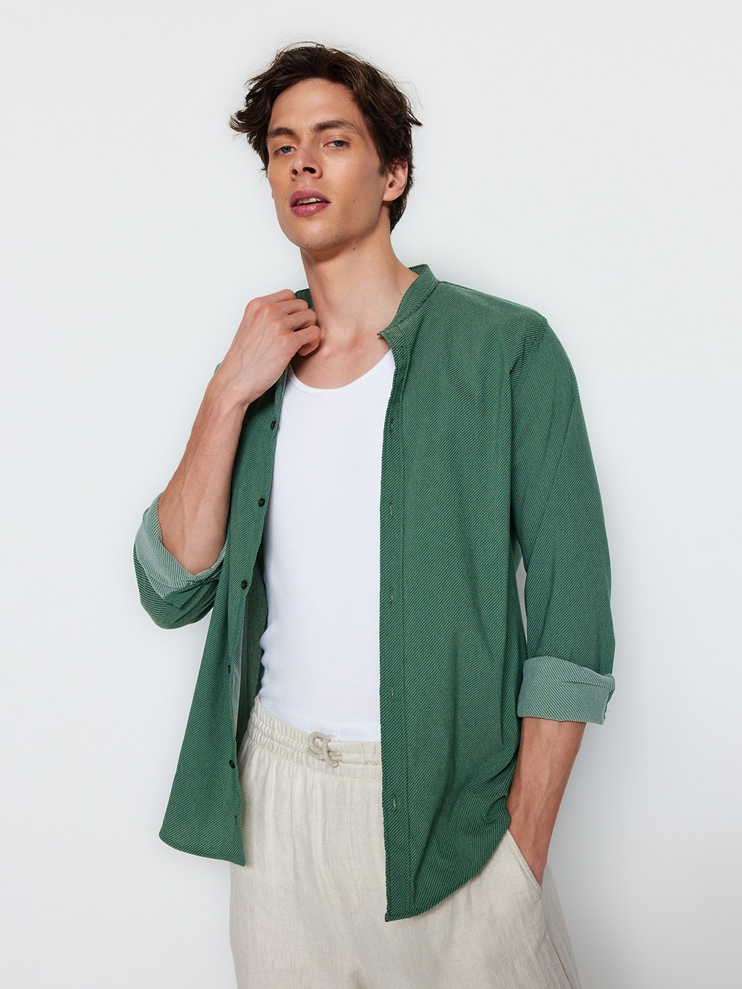 

Trendyol Band Collar Long Sleeves Cotton Casual Shirt, Green