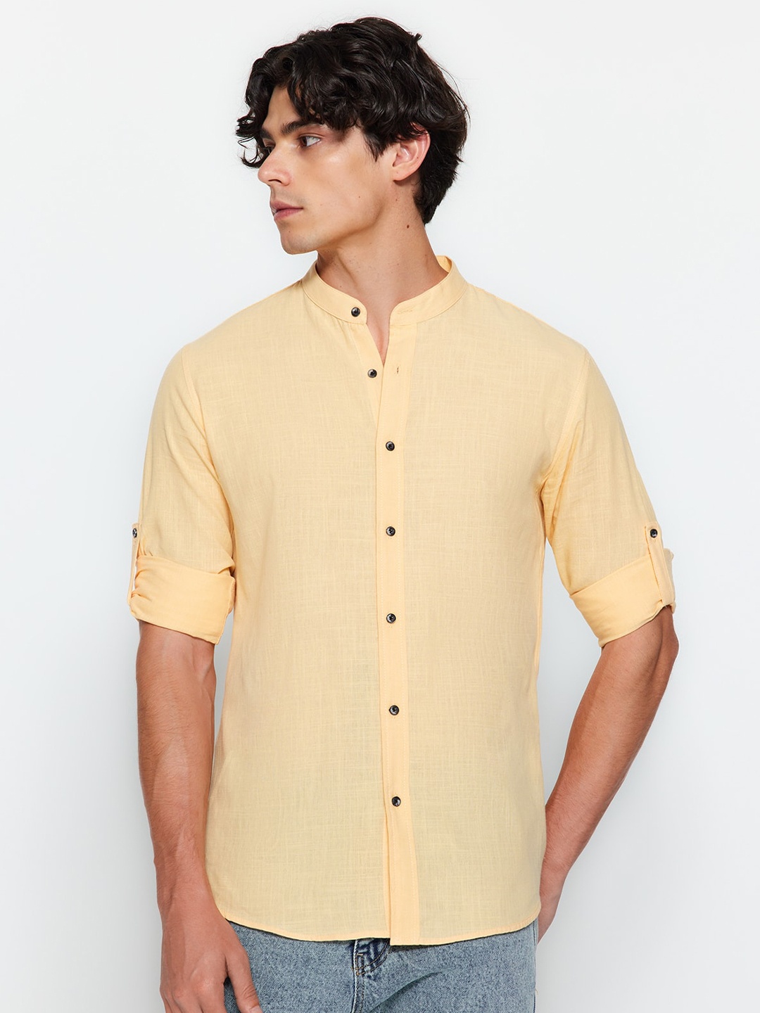 

Trendyol Band Collar Roll-Up Sleeves Cotton Casual Shirt, Beige