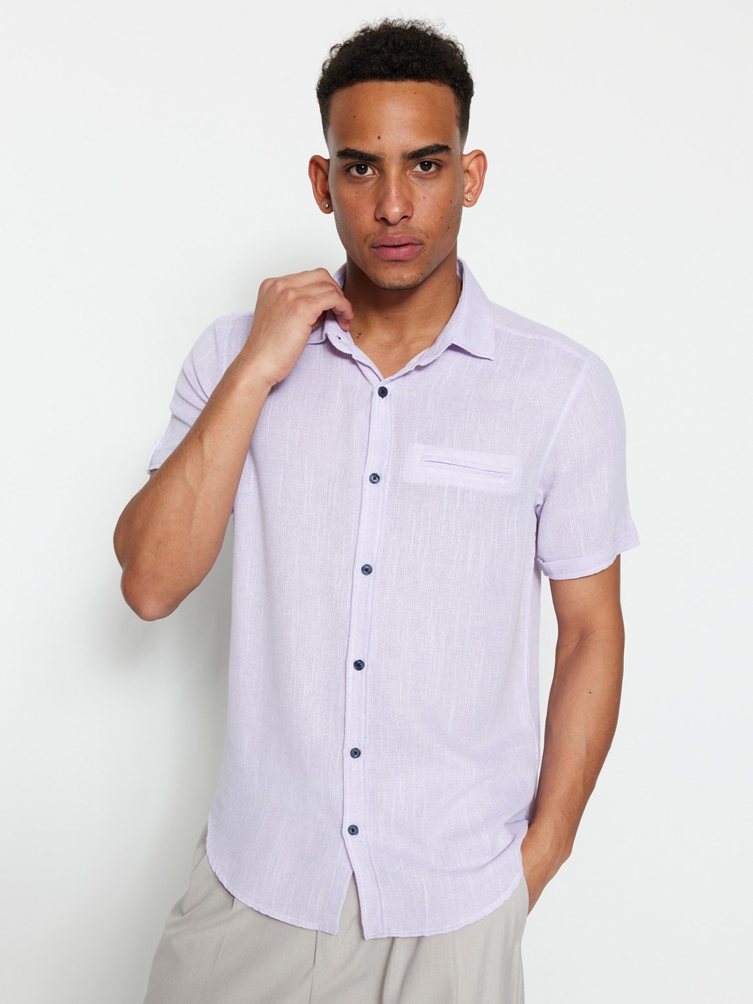 

Trendyol Spread Collar Short Sleeves Pockets Cotton Casual Shirt, Lavender