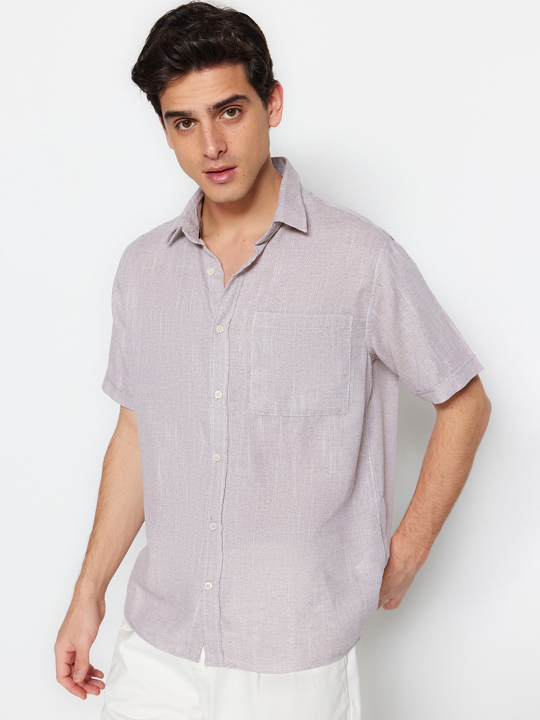 

Trendyol Spread Collar Short Sleeves Cotton Casual Shirt, Brown