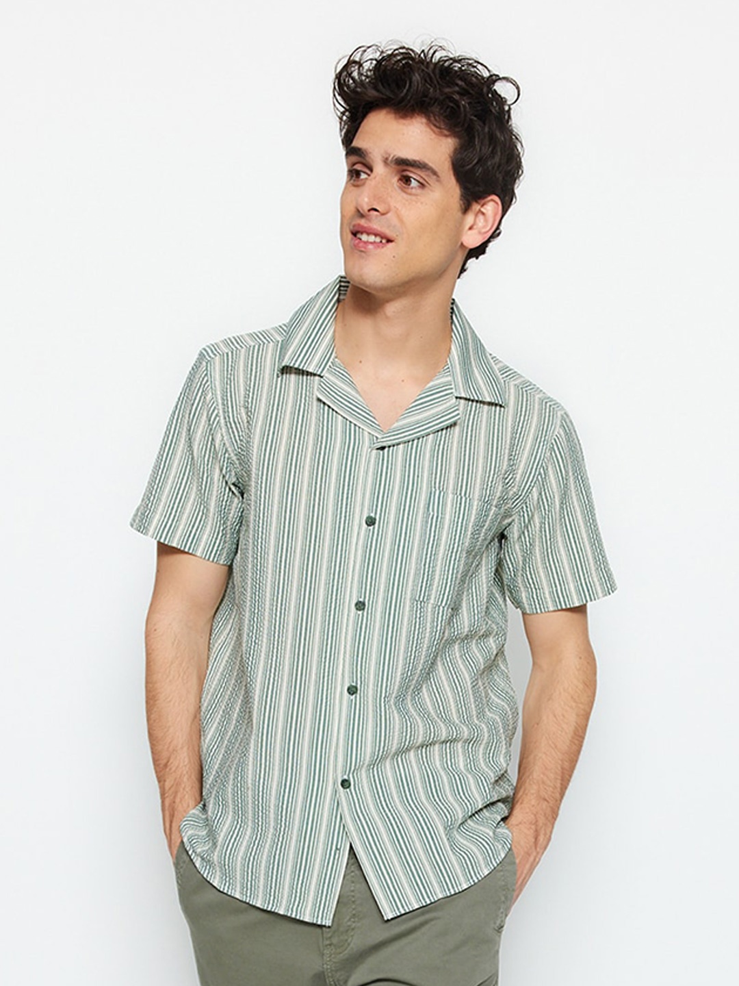 

Trendyol Vertical Stripes Spread Collar Short Sleeves Casual Shirt, Green