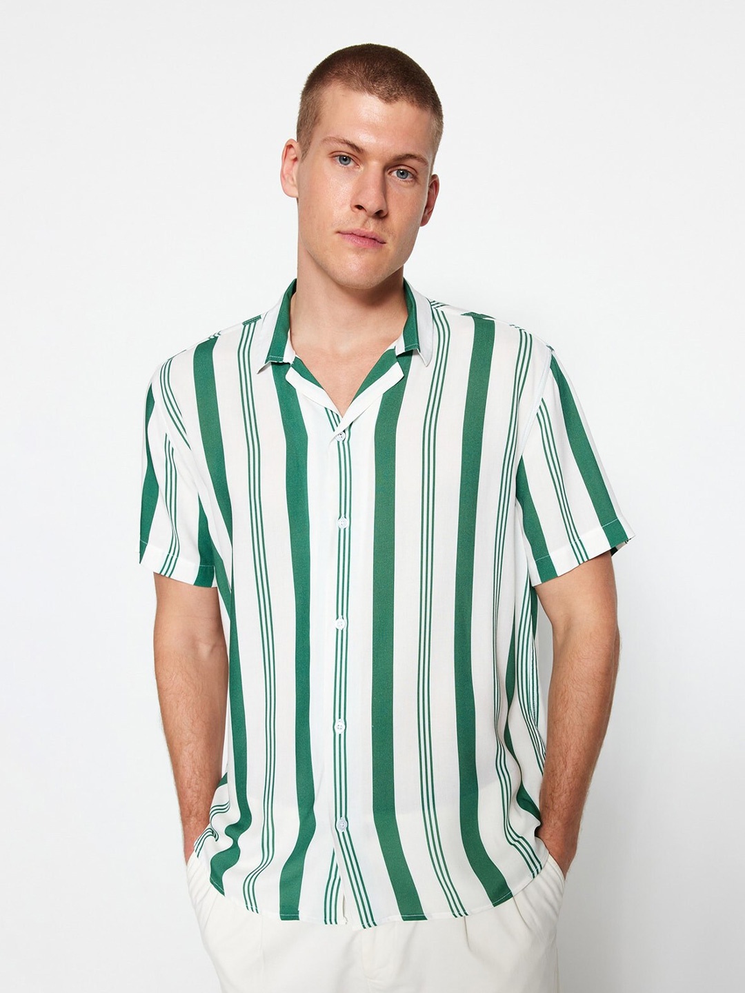 

Trendyol Vertical Stripes Spread Collar Short Sleeves Casual Shirt, Green