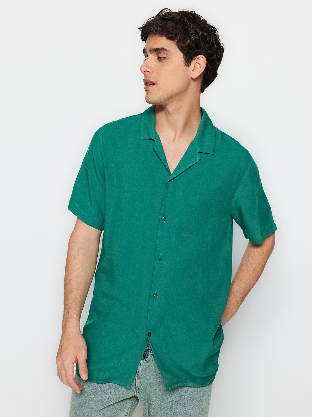 

Trendyol Cuban Collar Short Sleeves Casual Shirt, Green