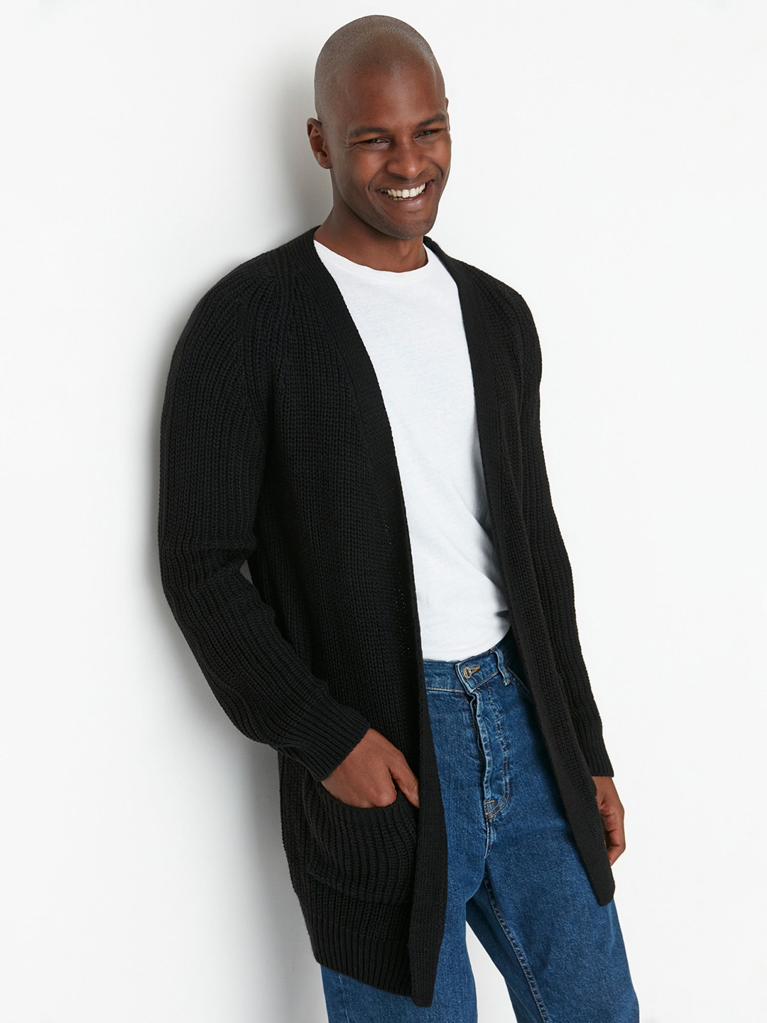 

Trendyol Acrylic Cable Knit Front-Open Longline Sweaters, Black